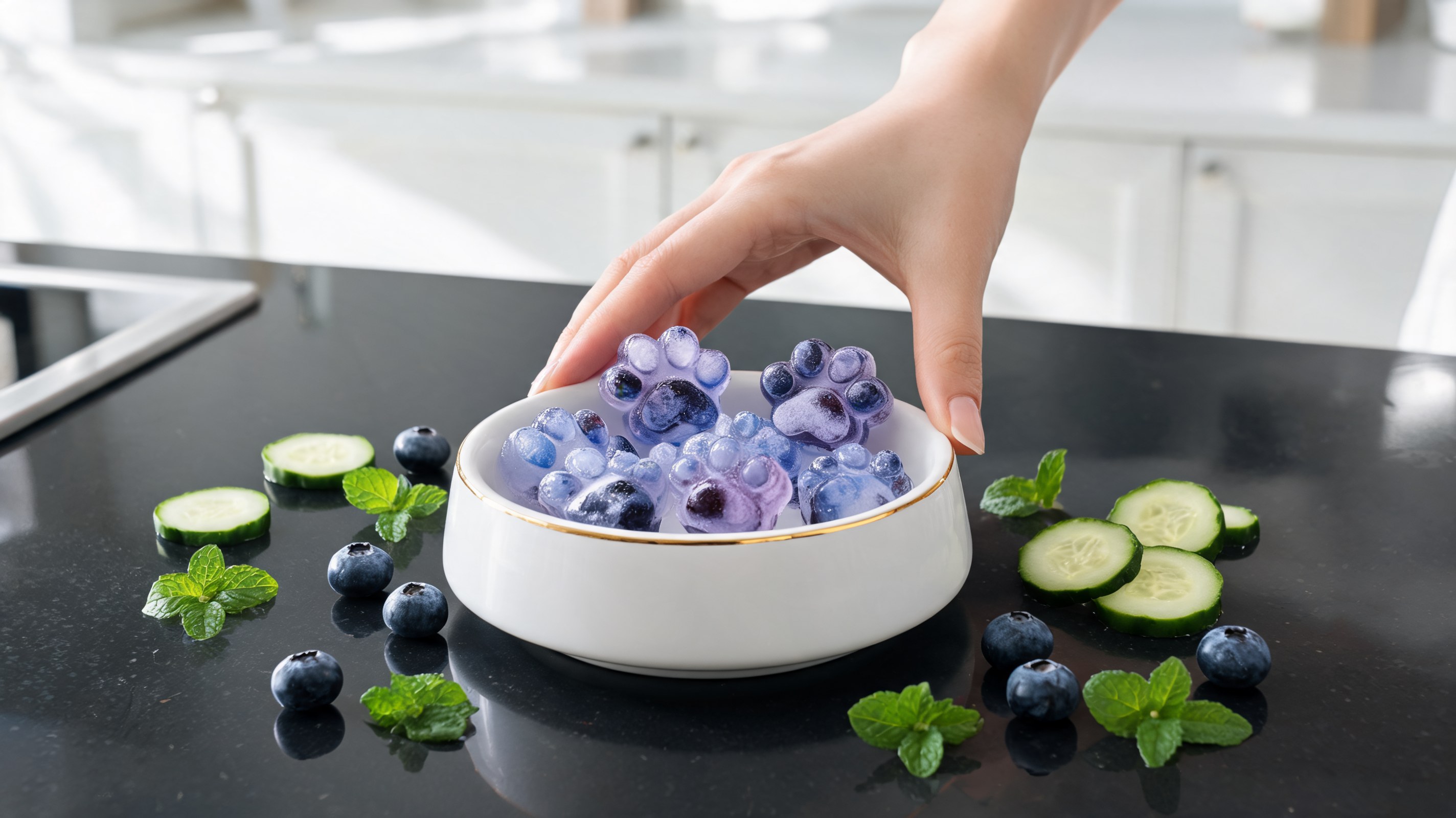 Violette Eiswürfel mit Heidelbeeren, Gurke und Minze für Hunde auf dunklem Hintergrund