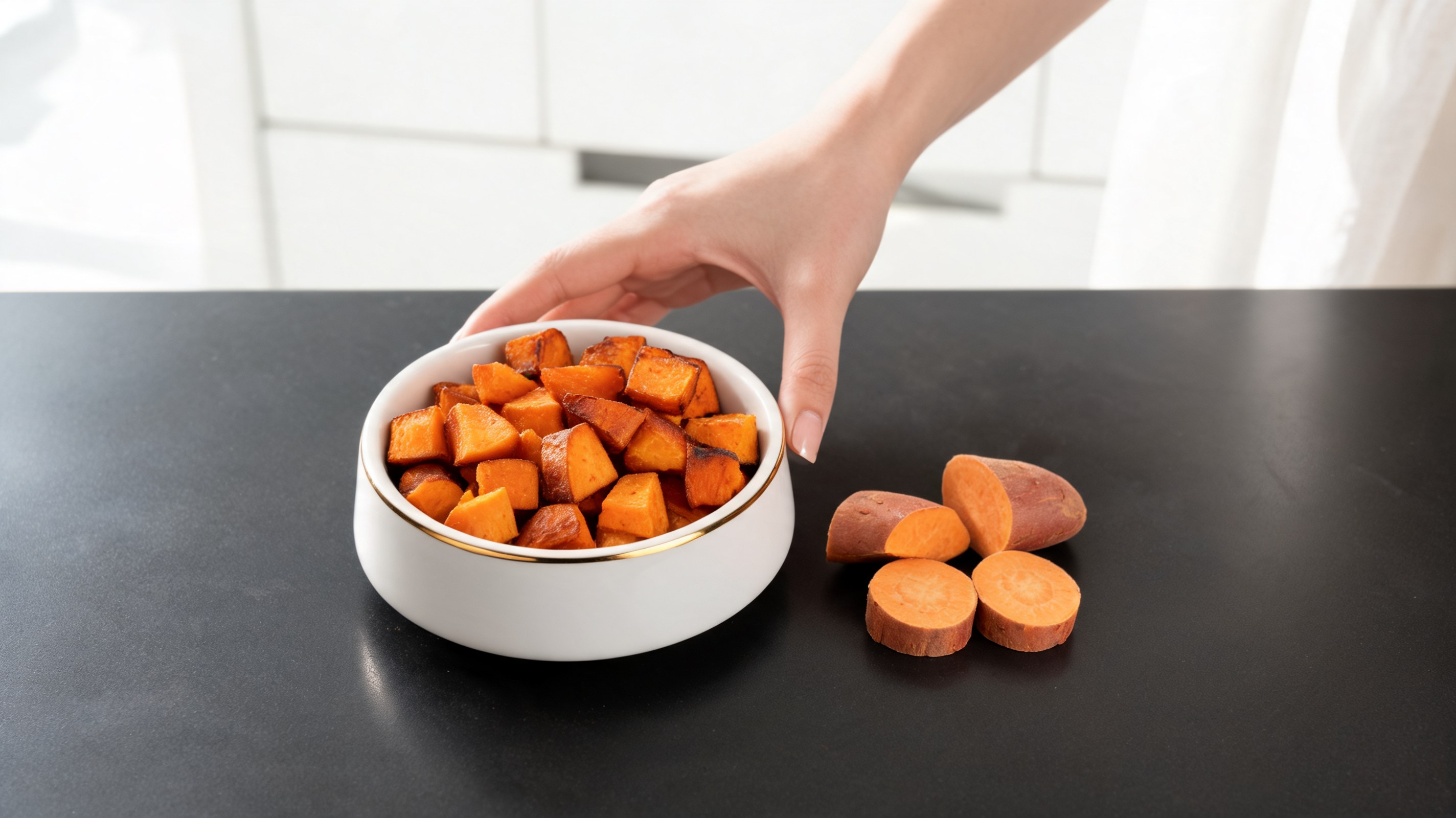 Bâtonnets dorés de patate douce cuits dans une friteuse à air pour chiens dans un bol blanc