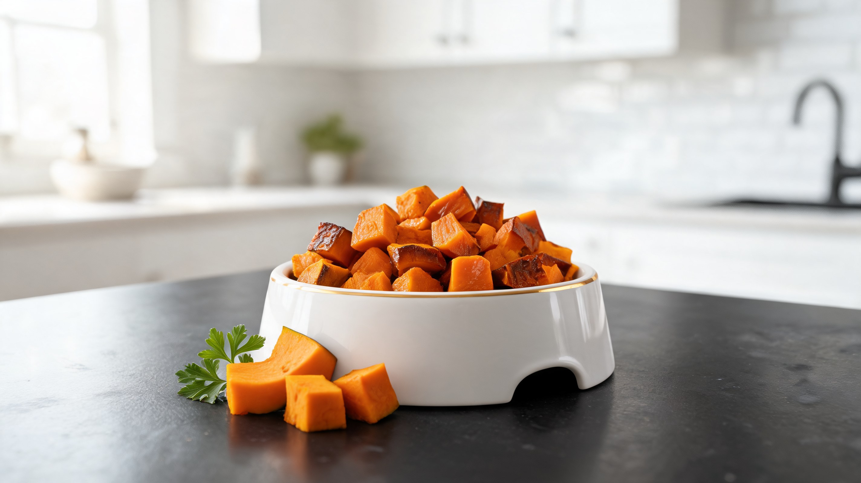 Cubetti di zucca arancione cotti al forno disposti su carta forno, leggermente caramellati
