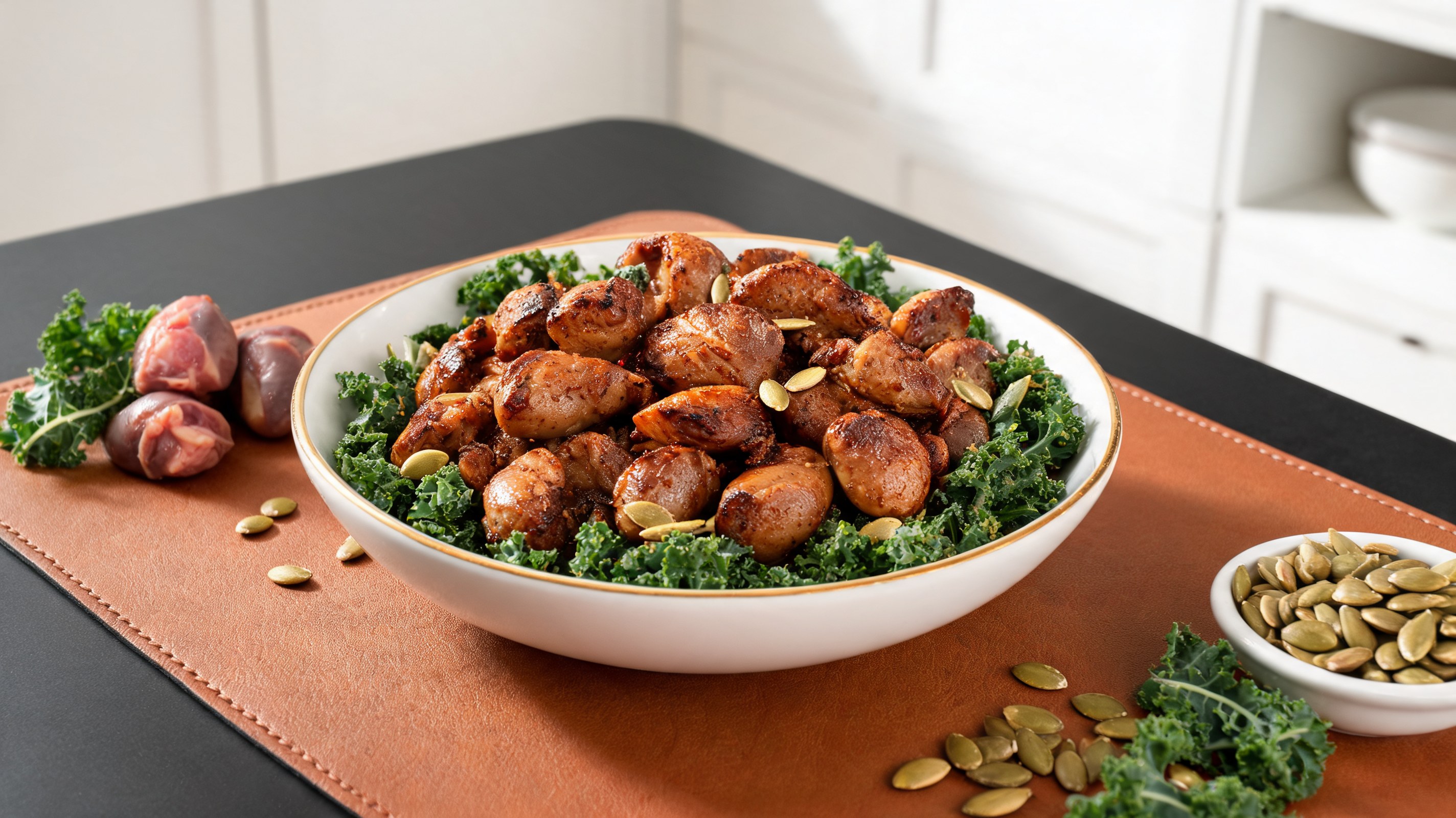 Air fryer chicken hearts with cabbage and pumpkin seeds for dogs, top view