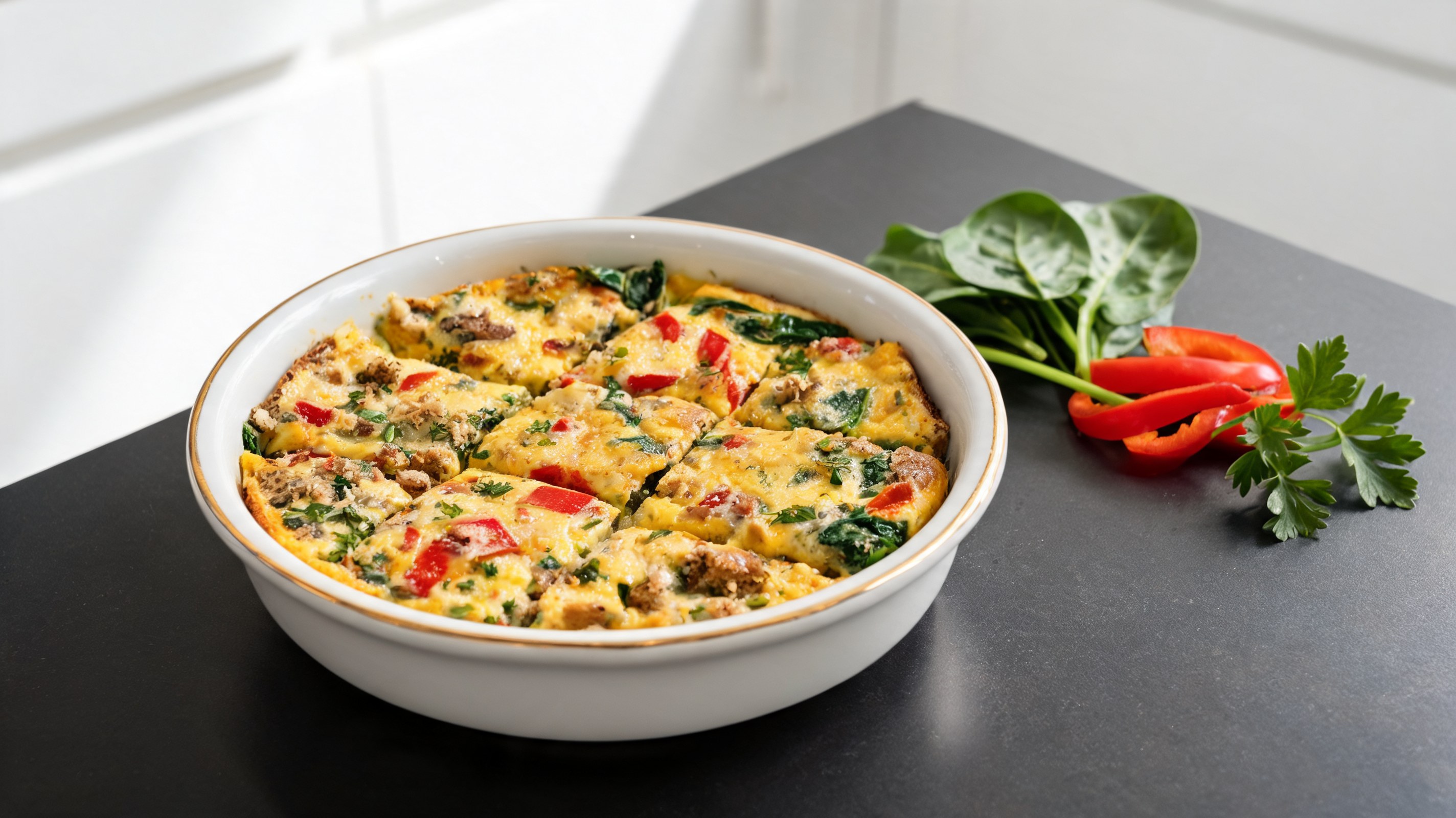 Frittata casalinga per cani con uova, pane integrale, peperone, spinaci e prezzemolo in ciotola