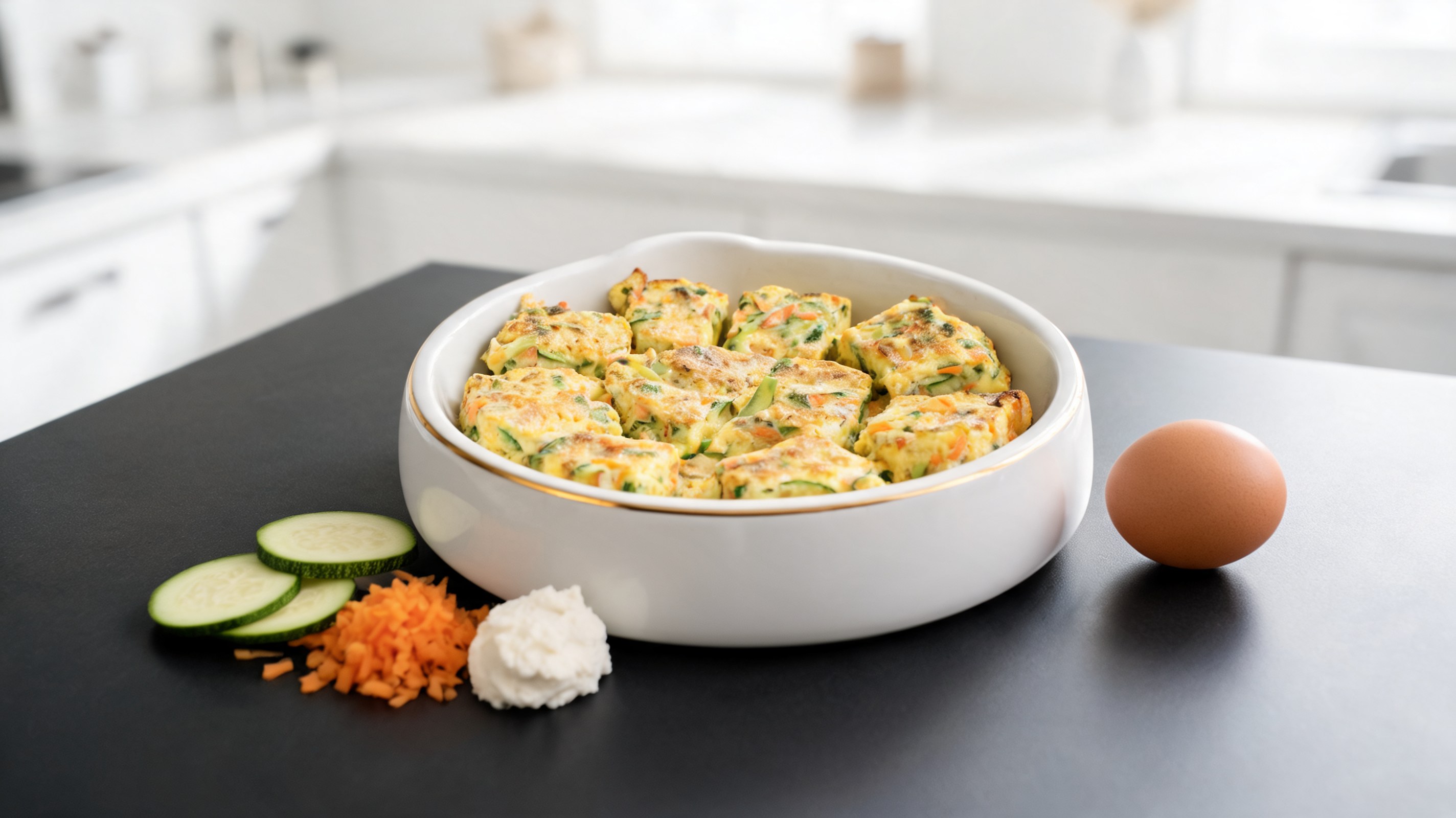 Frittatina al forno tagliata a quadrotti con uovo, ricotta e zucchine grattugiate su tagliere di legno