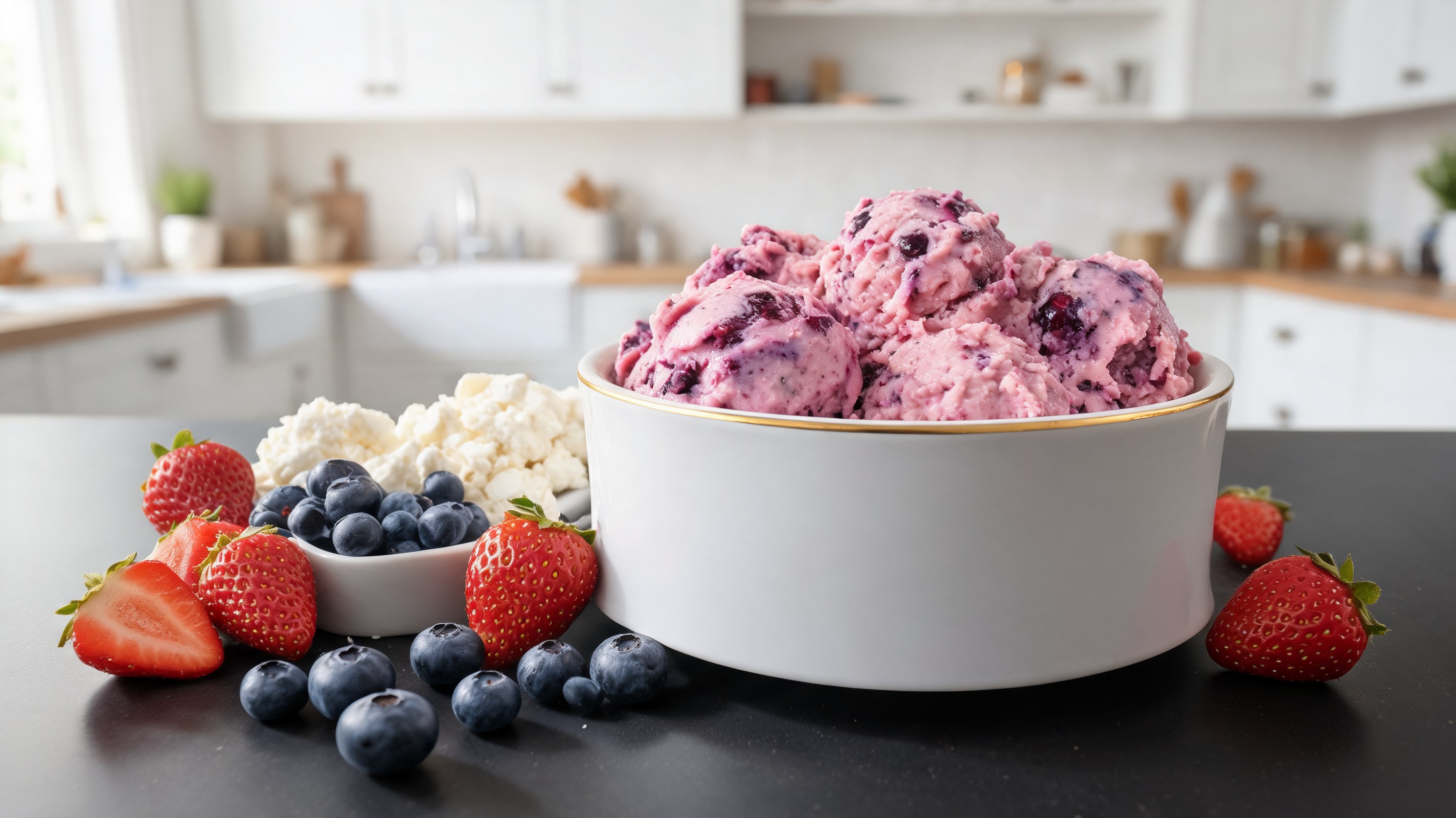 Schalen mit cremigem Beeren- und Hüttenkäse-Eis für Hunde, von oben betrachtet