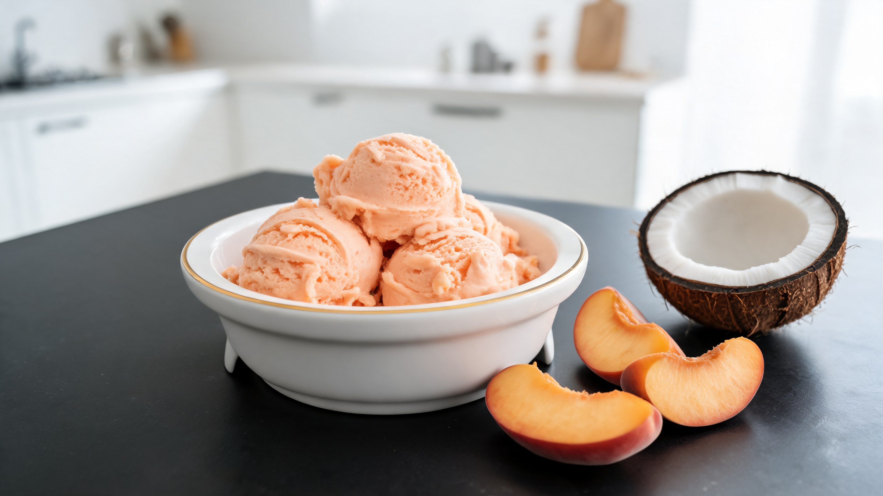 Taças de gelado cremoso de pêssego para cães com fatias de pêssego fresco e coco ralado
