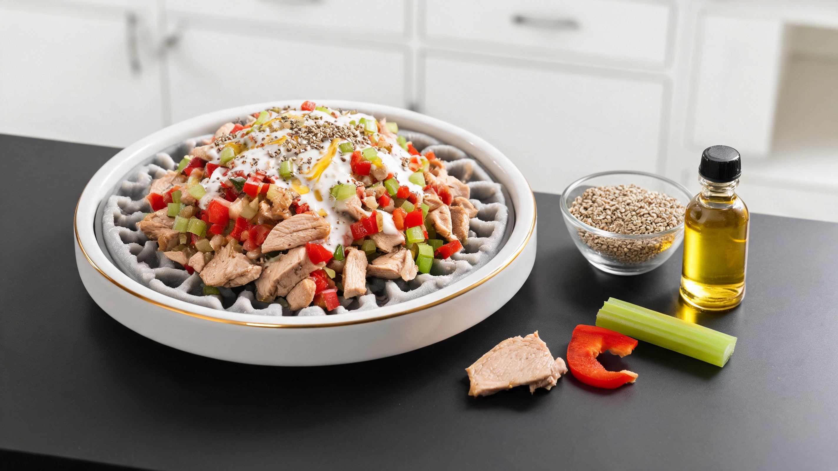 Salada de frango em cubos com pimenta vermelha, aipo e kefir espalhada em tapete petisco para cães