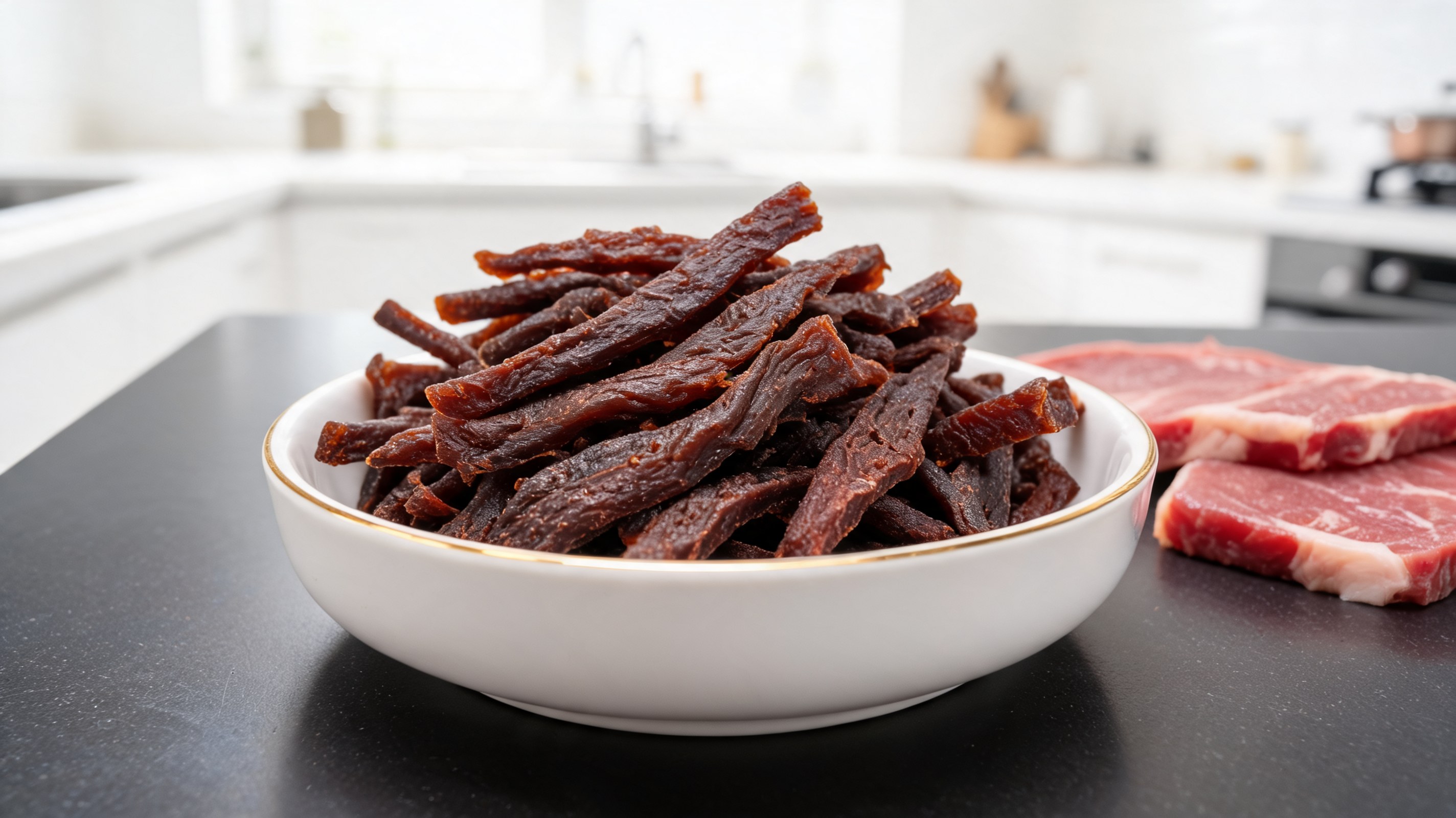 Fatias de jerky de carne bovina assado de cor marrom escuro dispostas em um prato de madeira