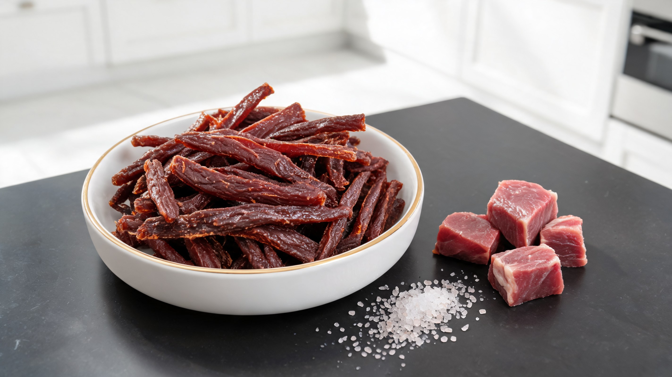 Bandes de jerky de boeuf séché pour chiens sur une planche en bois avec du gros sel à côté