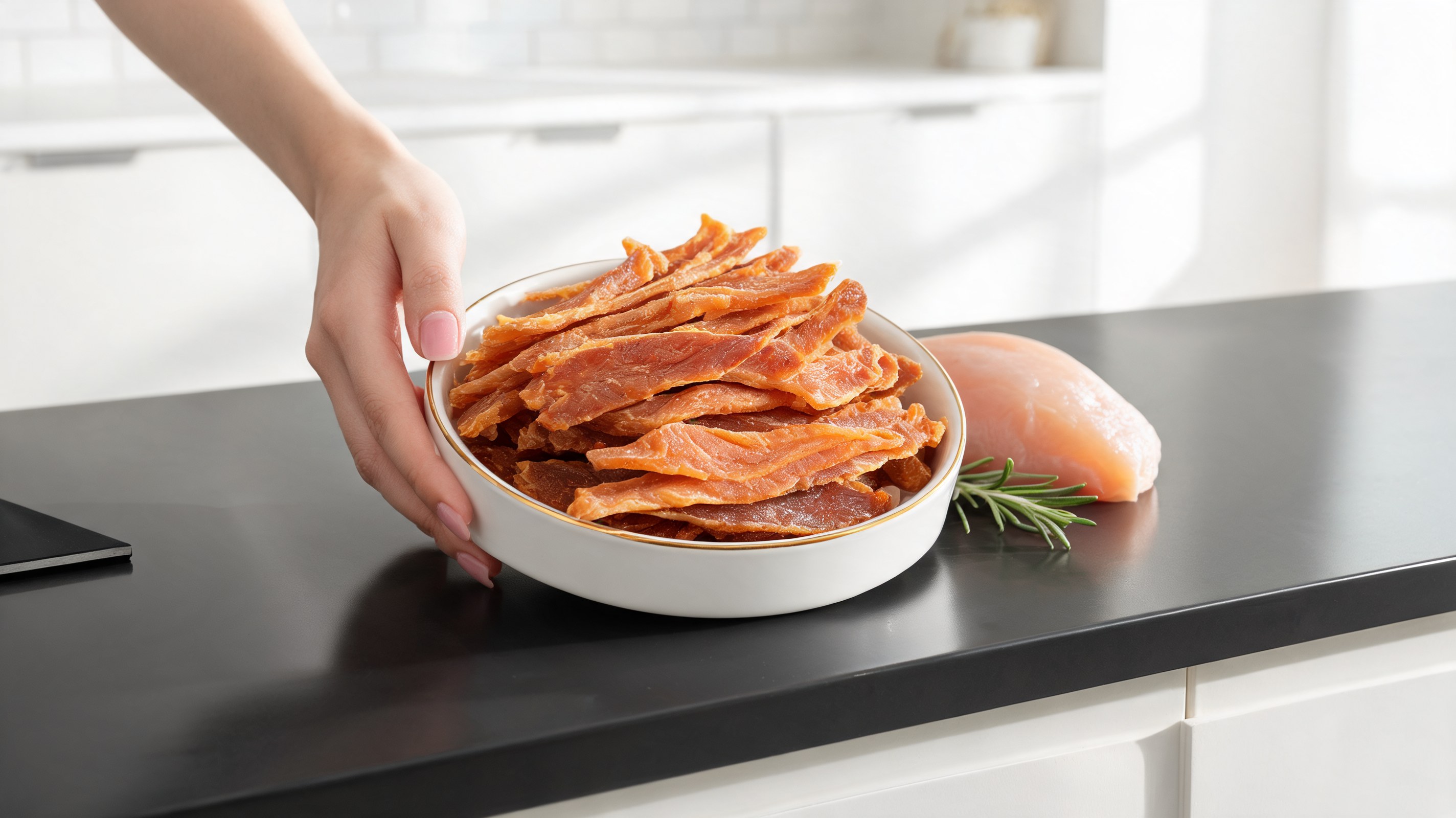 Strisce di jerky di pollo essiccato in friggitrice ad aria per cani su tagliere