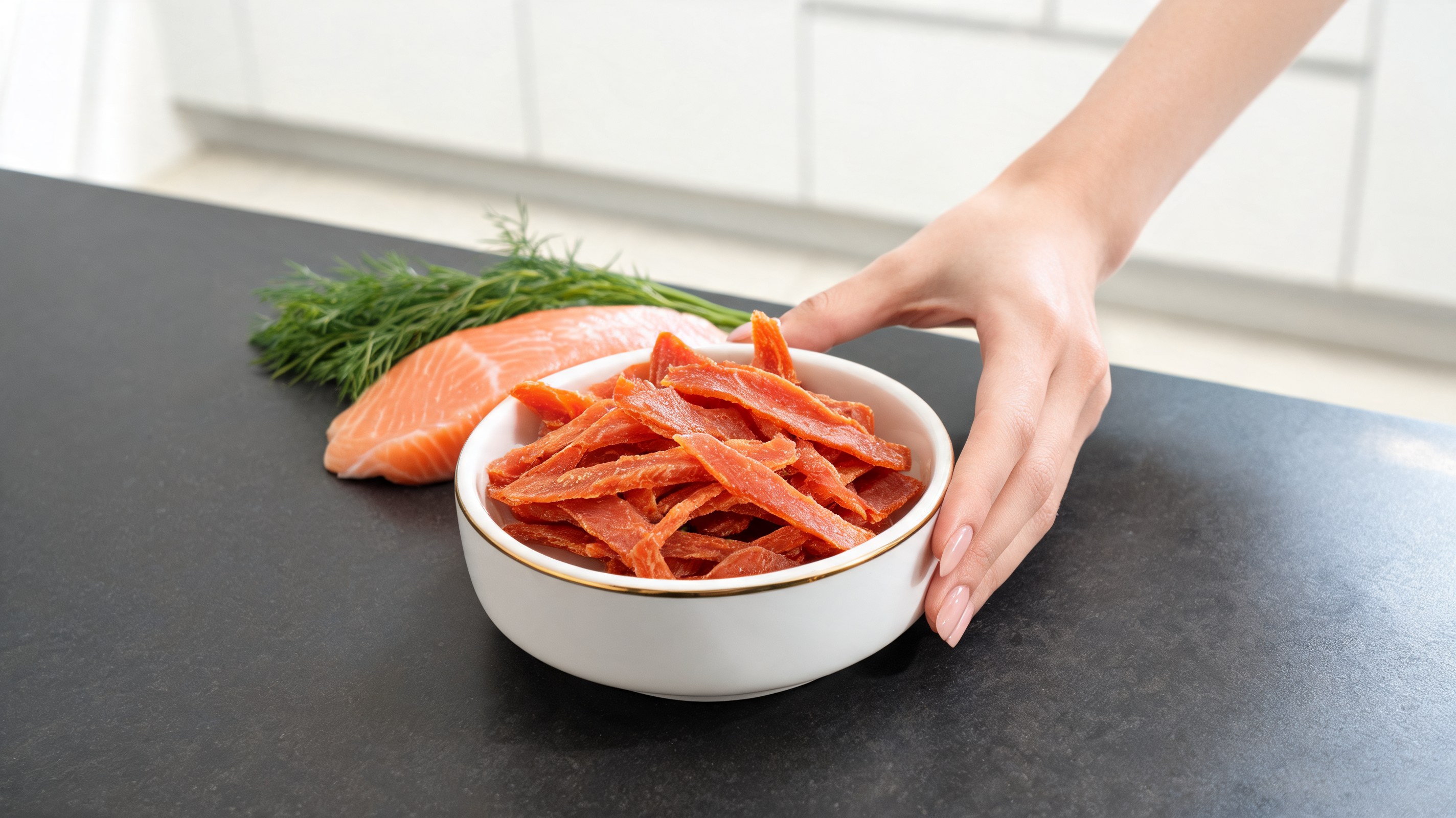 Tiras crujientes de jerky de salmón rosado para perros sobre una tabla de madera con hierbas aromáticas