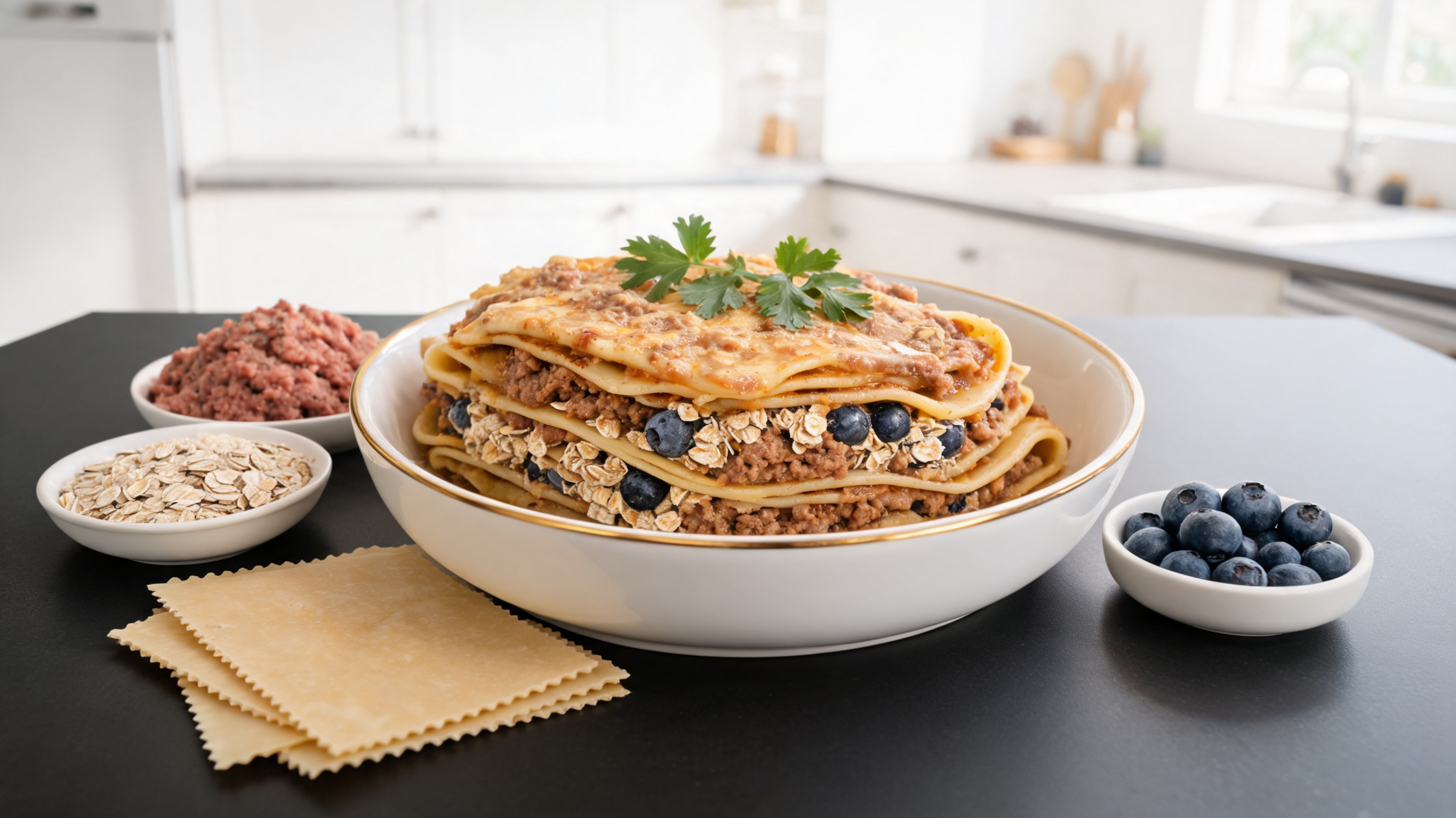 Lasagna casalinga per cani con strati di pasta, macinato di manzo, avena e frutti rossi