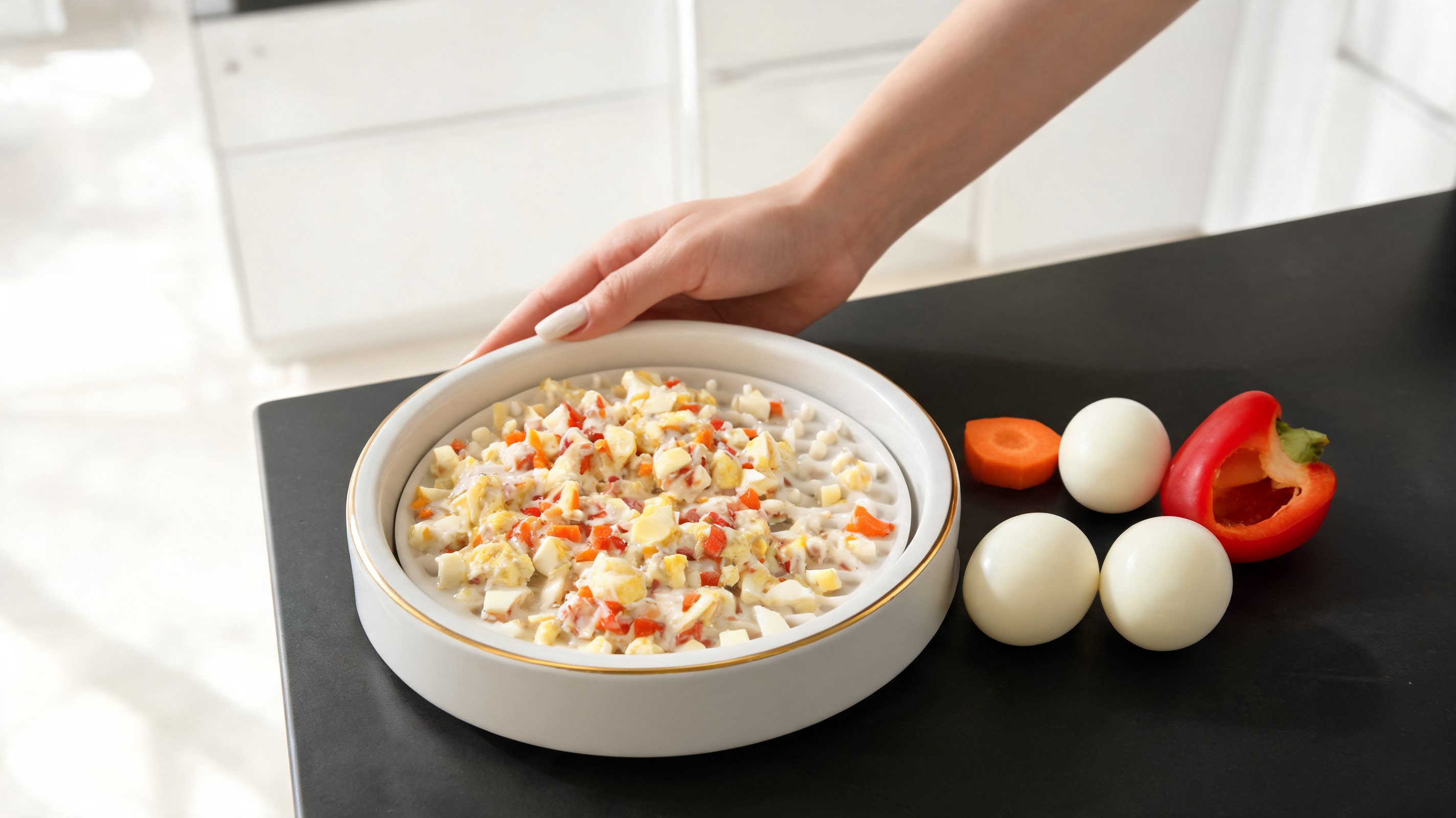 Green lick mat for dogs with egg cream, carrots, red bell pepper, and kefir spread