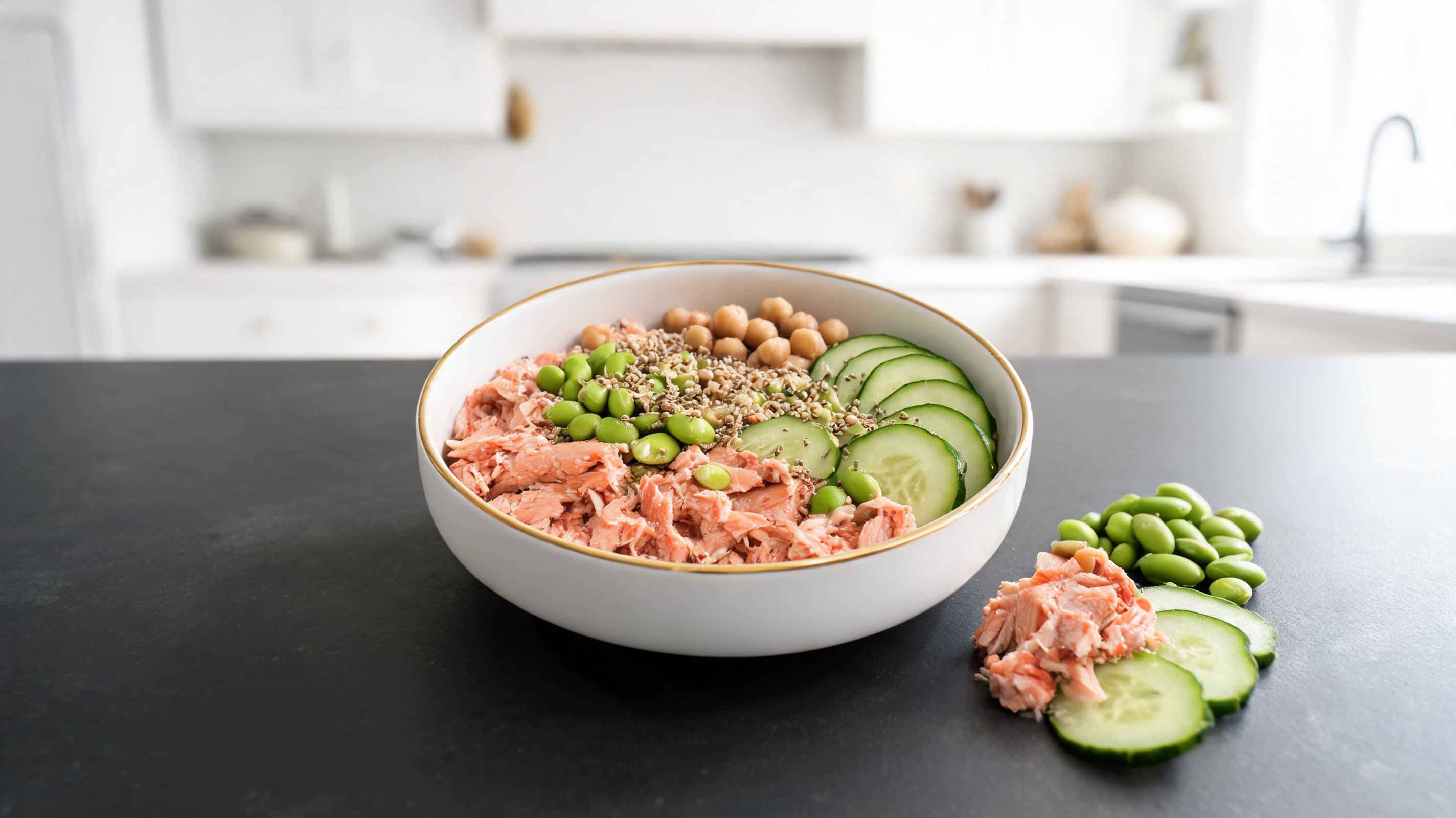 Lick mat estilo poke bowl com salmão, edamame, grão-de-bico e pepino para cães vista de cima