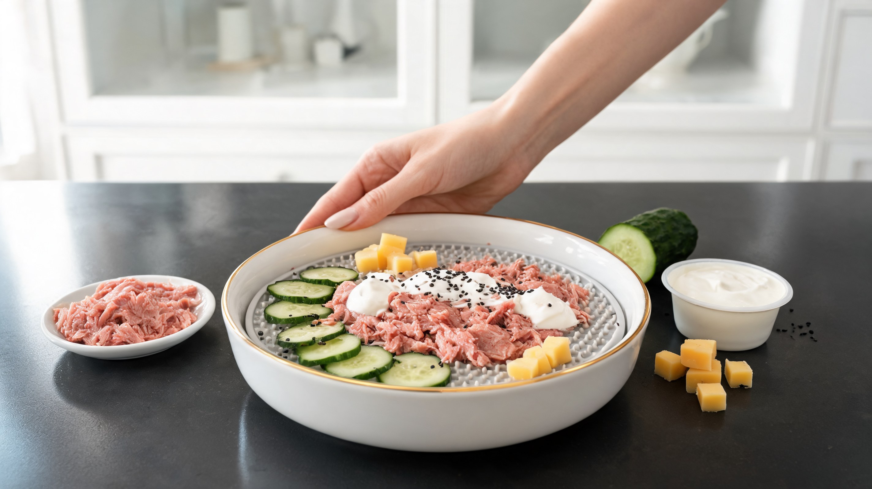 Lick mat für Hunde mit Thunfisch, Sauerrahm, Gurkenscheiben, Cheddar-Würfeln und Chiasamen
