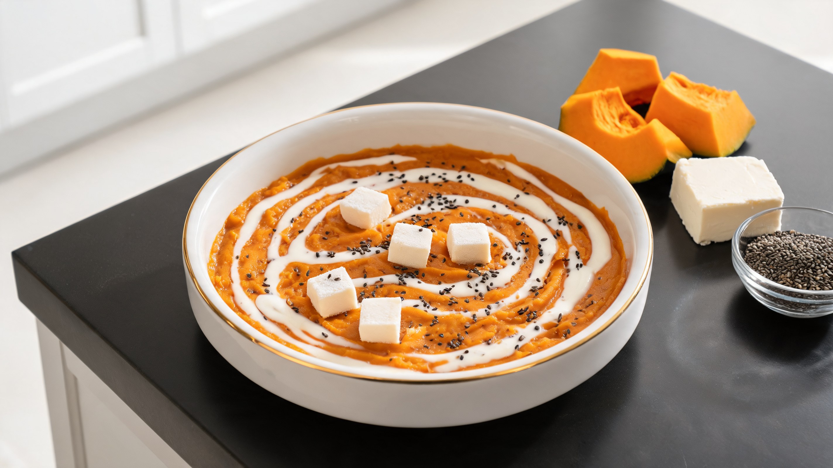 Lick mat in stile cheesecake con zucca, kefir e formaggio fresco per cani vista dall'alto