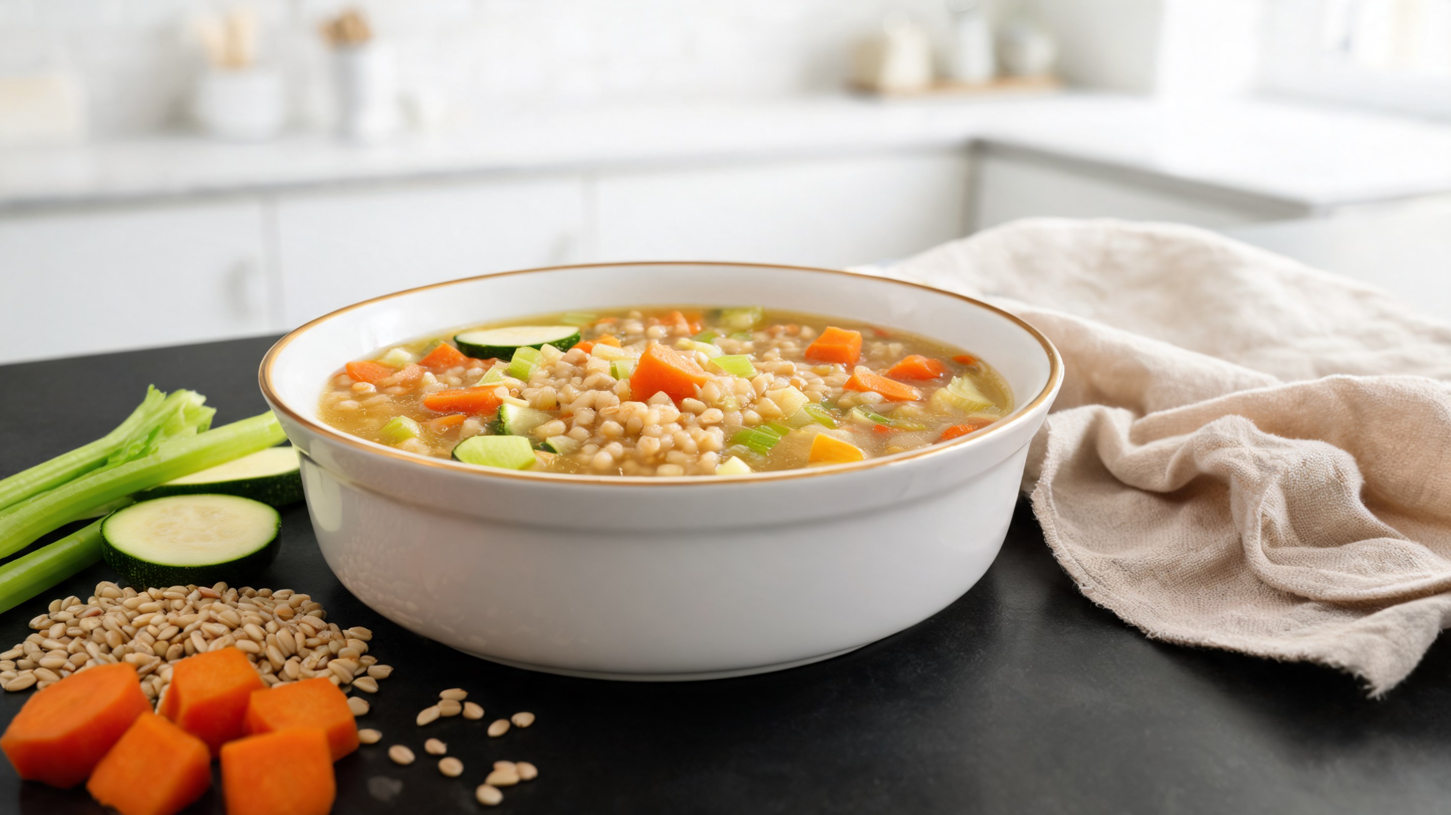 Ciotola fonda di minestrone con pollo, orzo, carote e zucchine in brodo dorato, su tovagliolo di lino