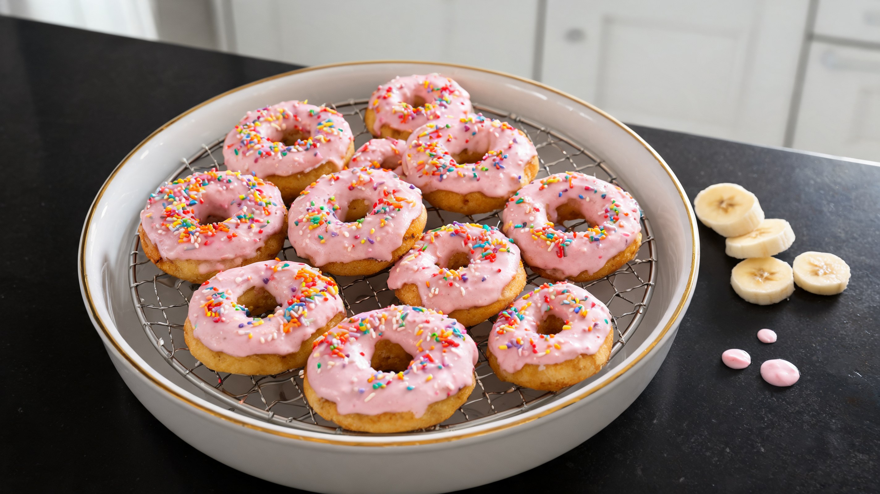 Mini ciambelline dorate con glassa rosa pastello e codette naturali colorate disposte su una griglia