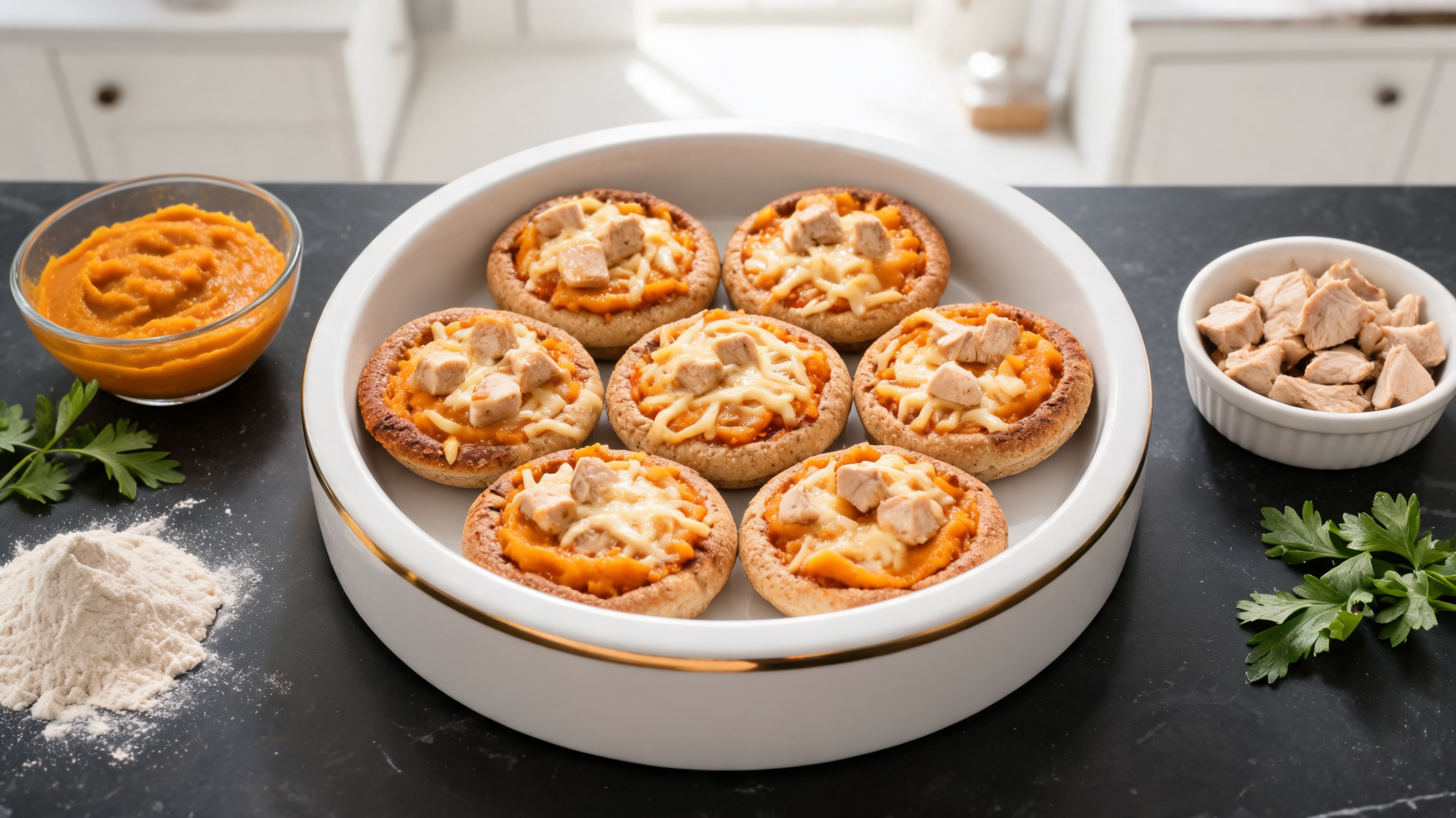Mini pizzette su stampo per muffin con impasto integrale, zucca, formaggio fuso e cubetti di pollo