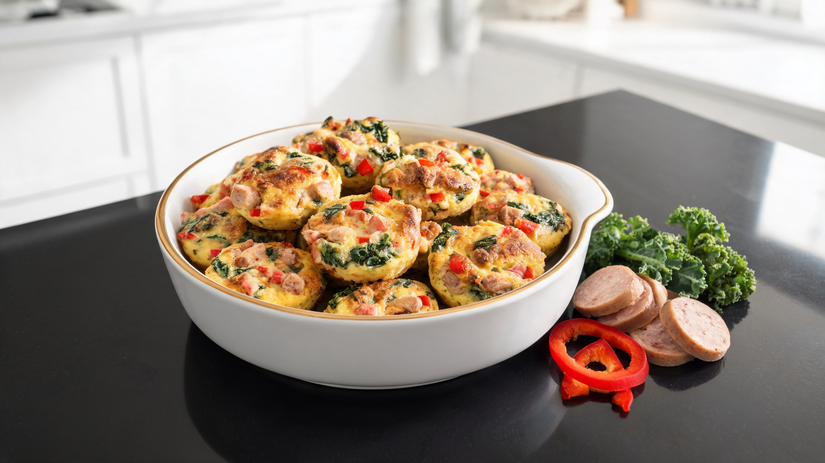 Mini quiche dorate con uova, salsiccia di pollo, peperone rosso e cavolo riccio disposte su un piatto