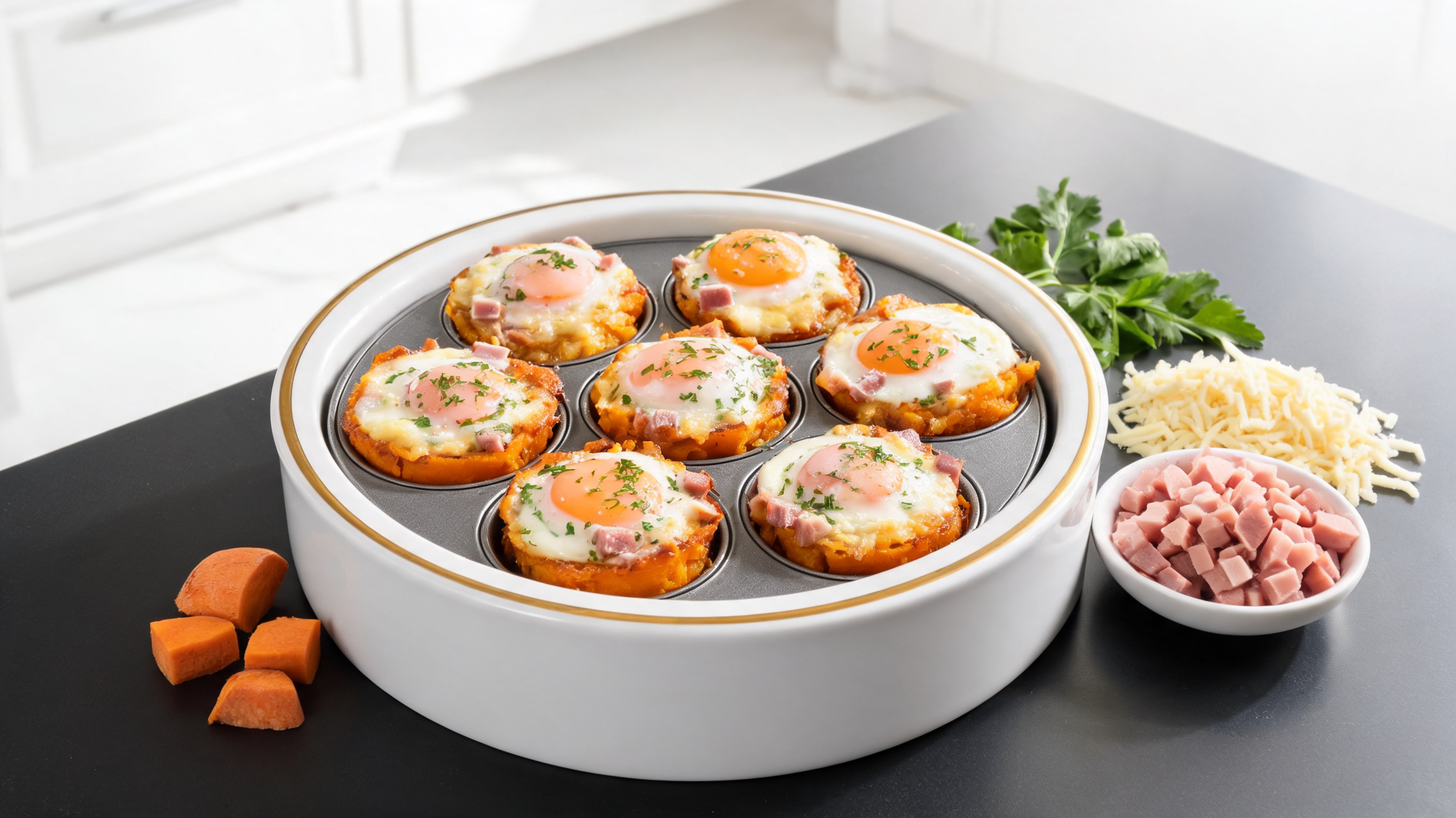 Mini tortini dorati con base di patata dolce grattugiata, uova rapprese, prosciutto a cubetti e prezzemolo verde