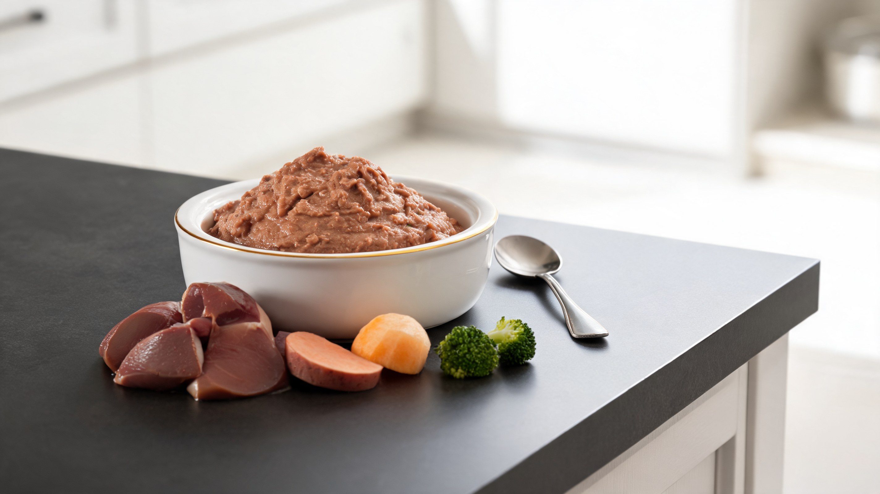 Mousse marrone liscia di fegatini di pollo in una ciotolina, topper per gatti