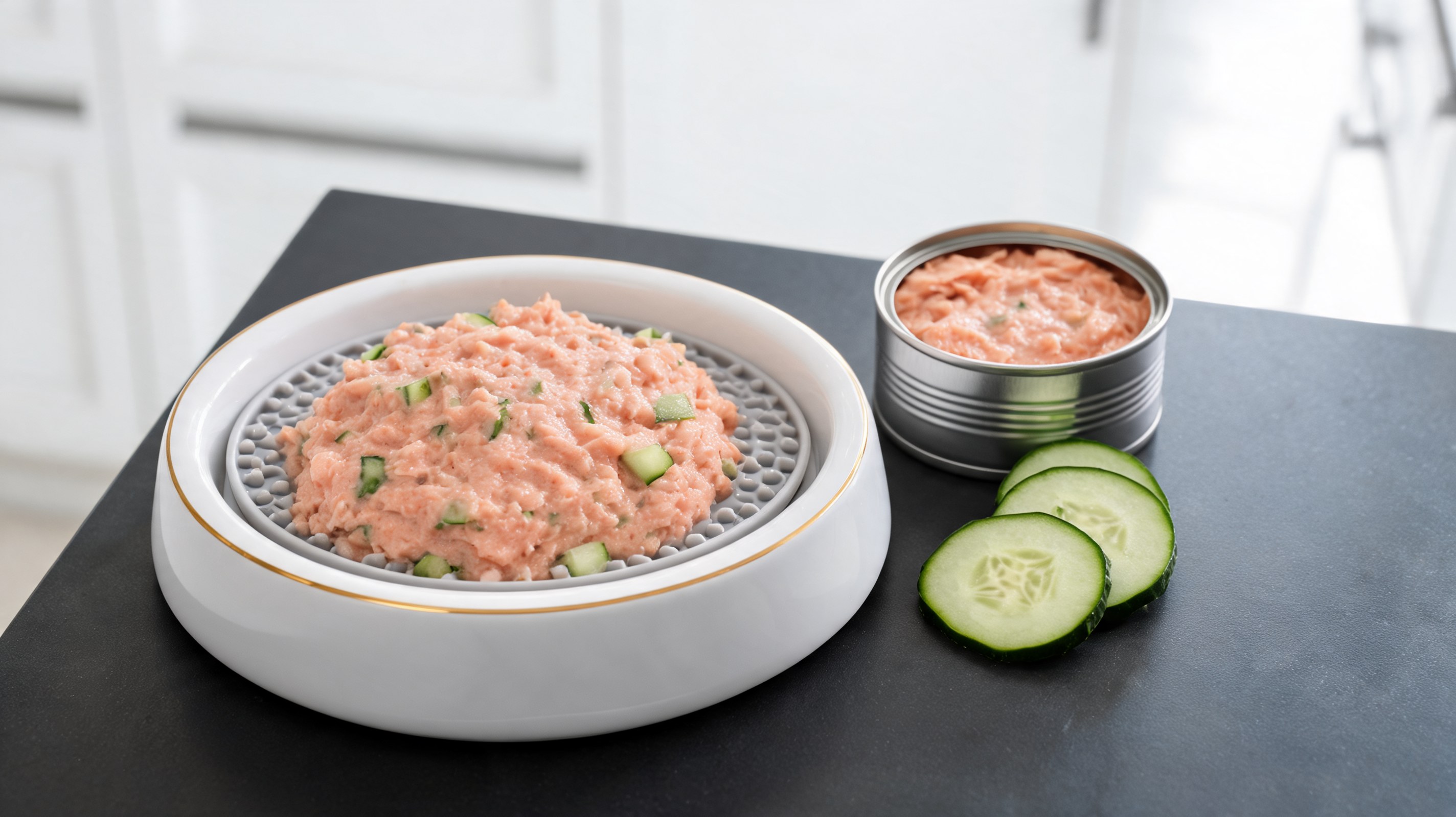 Creamy pink salmon mousse with cucumber cubes spread on a dog lick mat