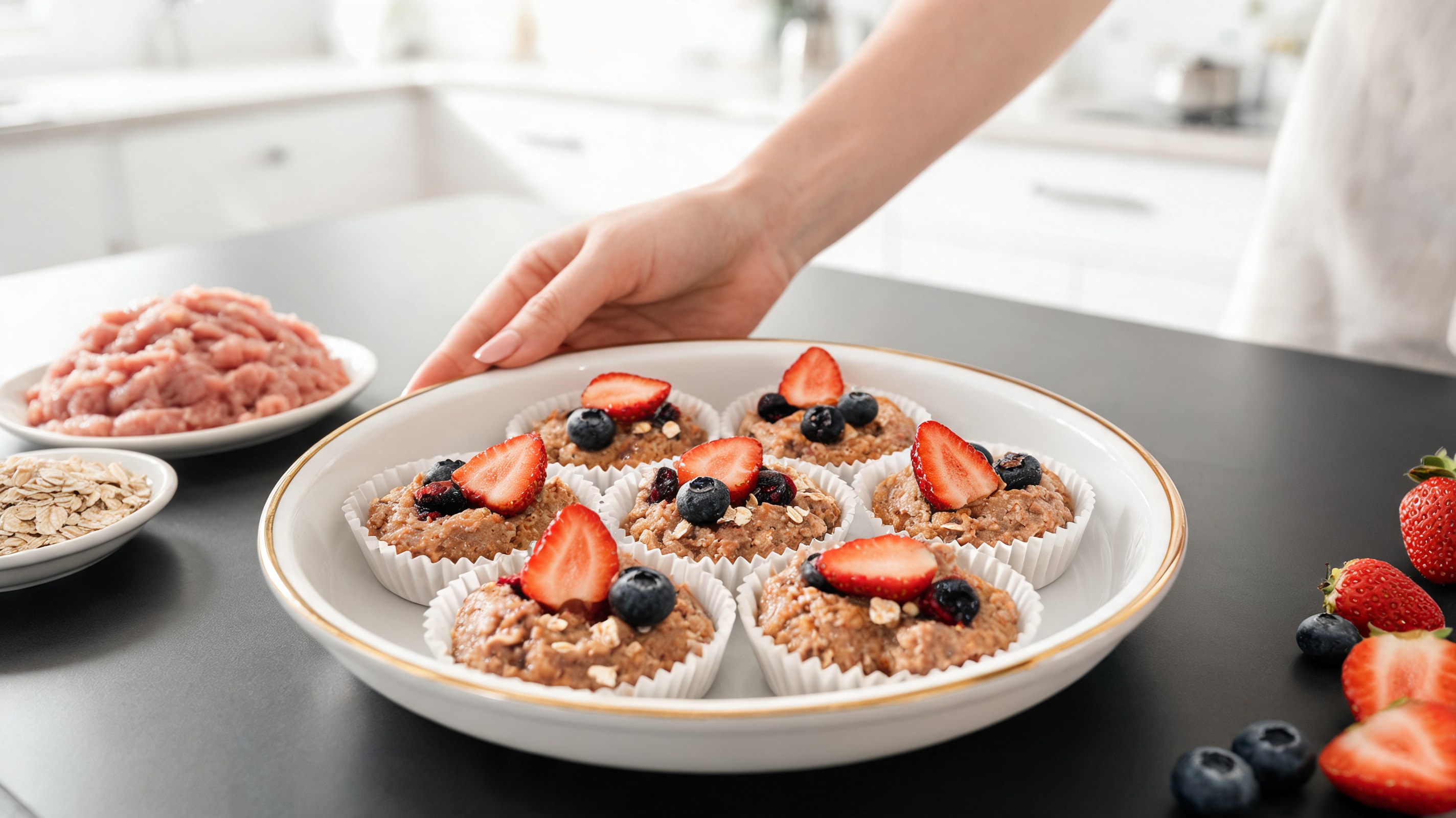 Frozen turkey, oatmeal, and berry muffins for dogs decorated with strawberries and blueberries viewed from above