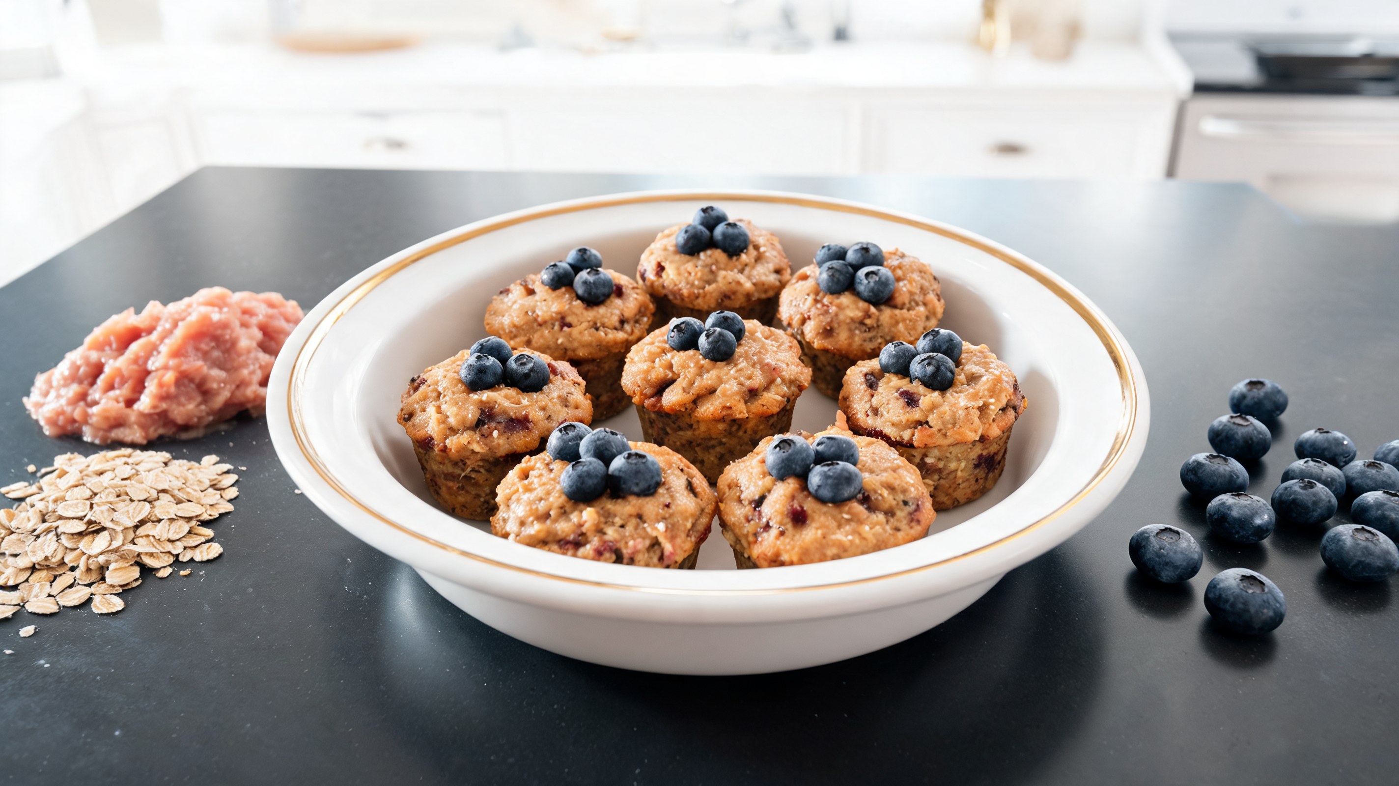 Muffin salati per cani con pollo, avena e mirtilli freschi su griglia in cucina