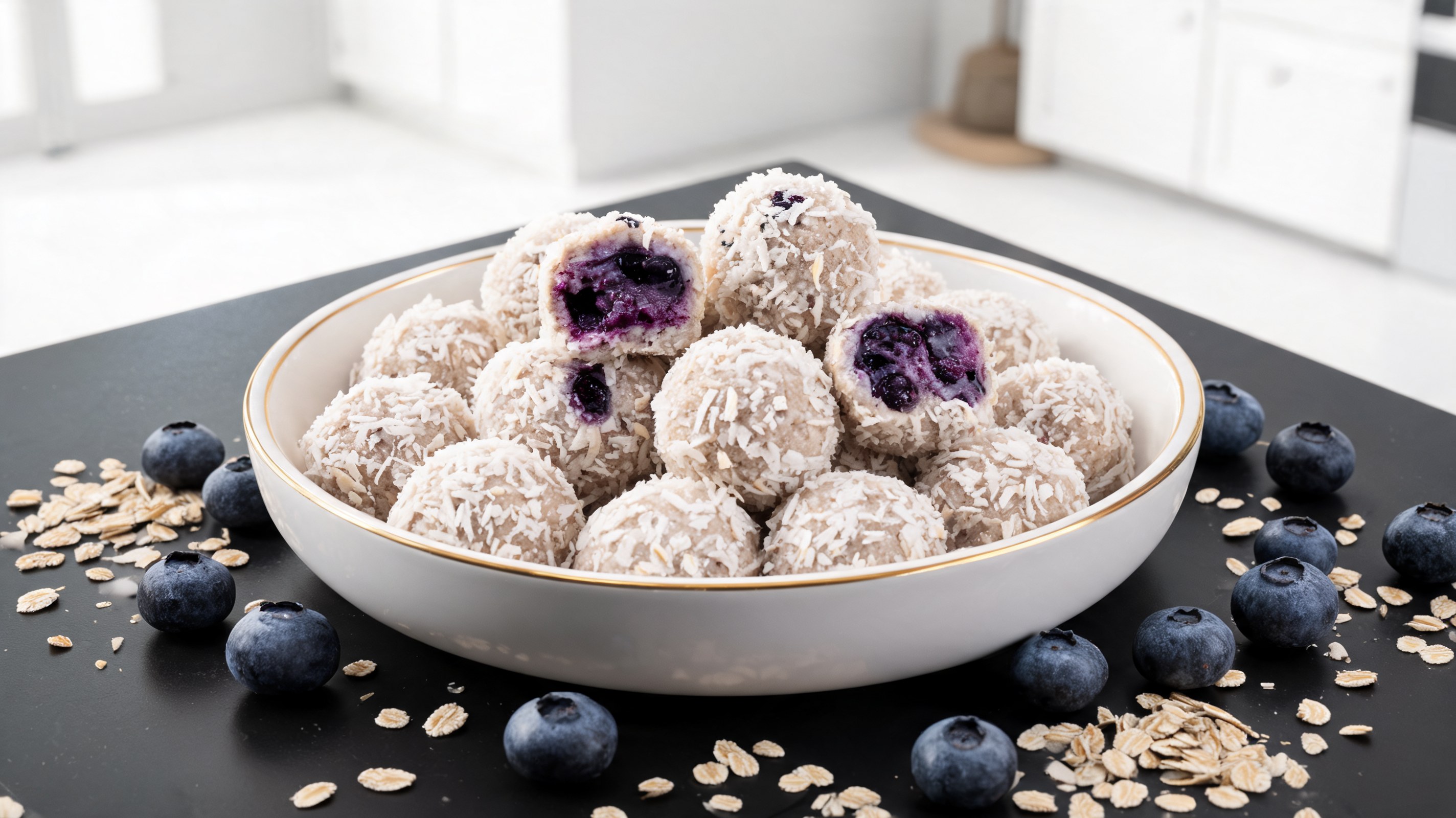 Blaubeer- und Kokosbällchen für Hunde auf einem Keramikteller mit frischen Blaubeeren