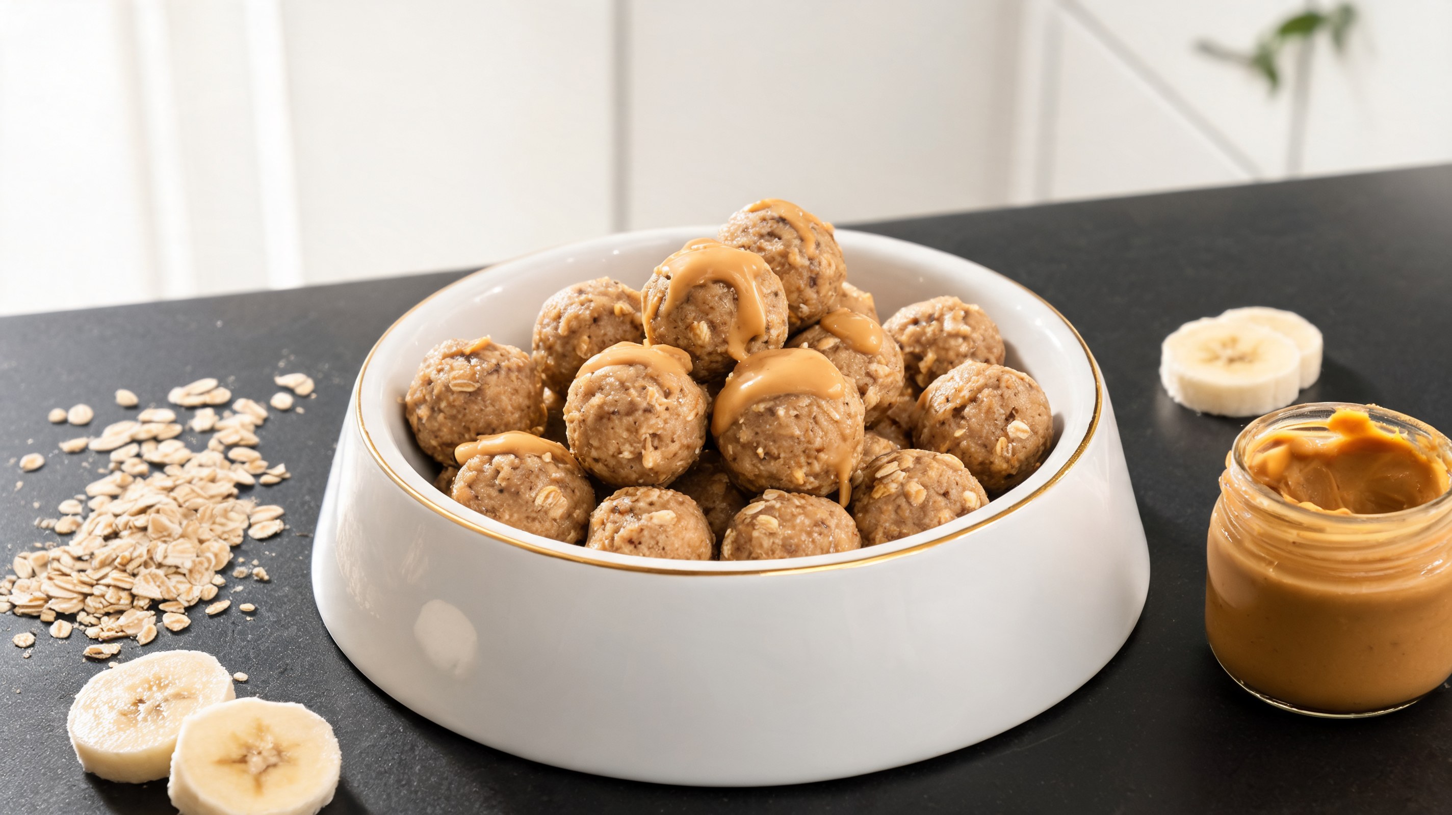 Palline proteiche per cani con avena, banana e burro di arachidi su piatto bianco