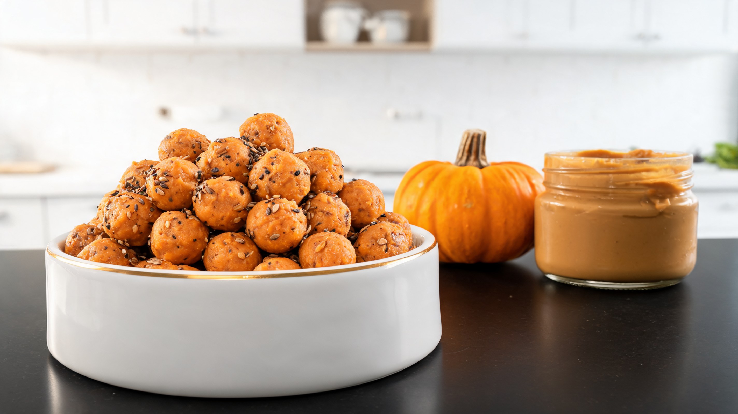 Weiche orange Kürbis-Peanutbutter-Bällchen für Hunde auf einem weißen Teller