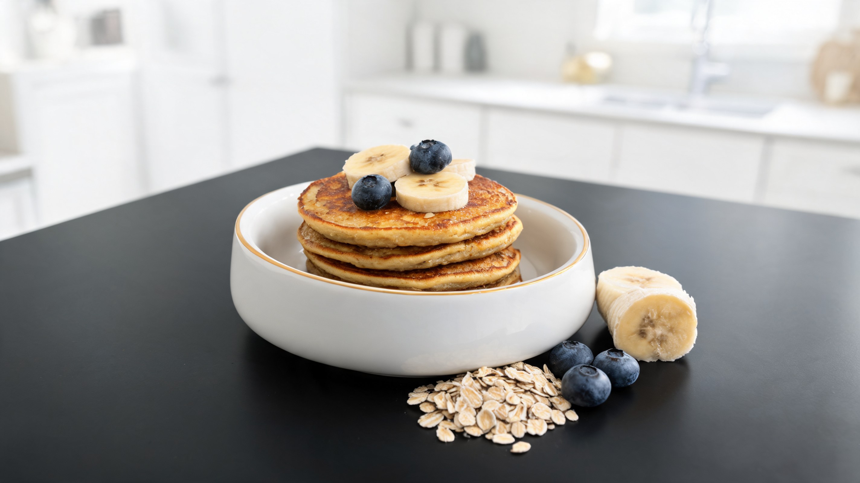 Pancake all'avena e banana per cani impilati su piatto bianco con mirtilli e fettine di banana