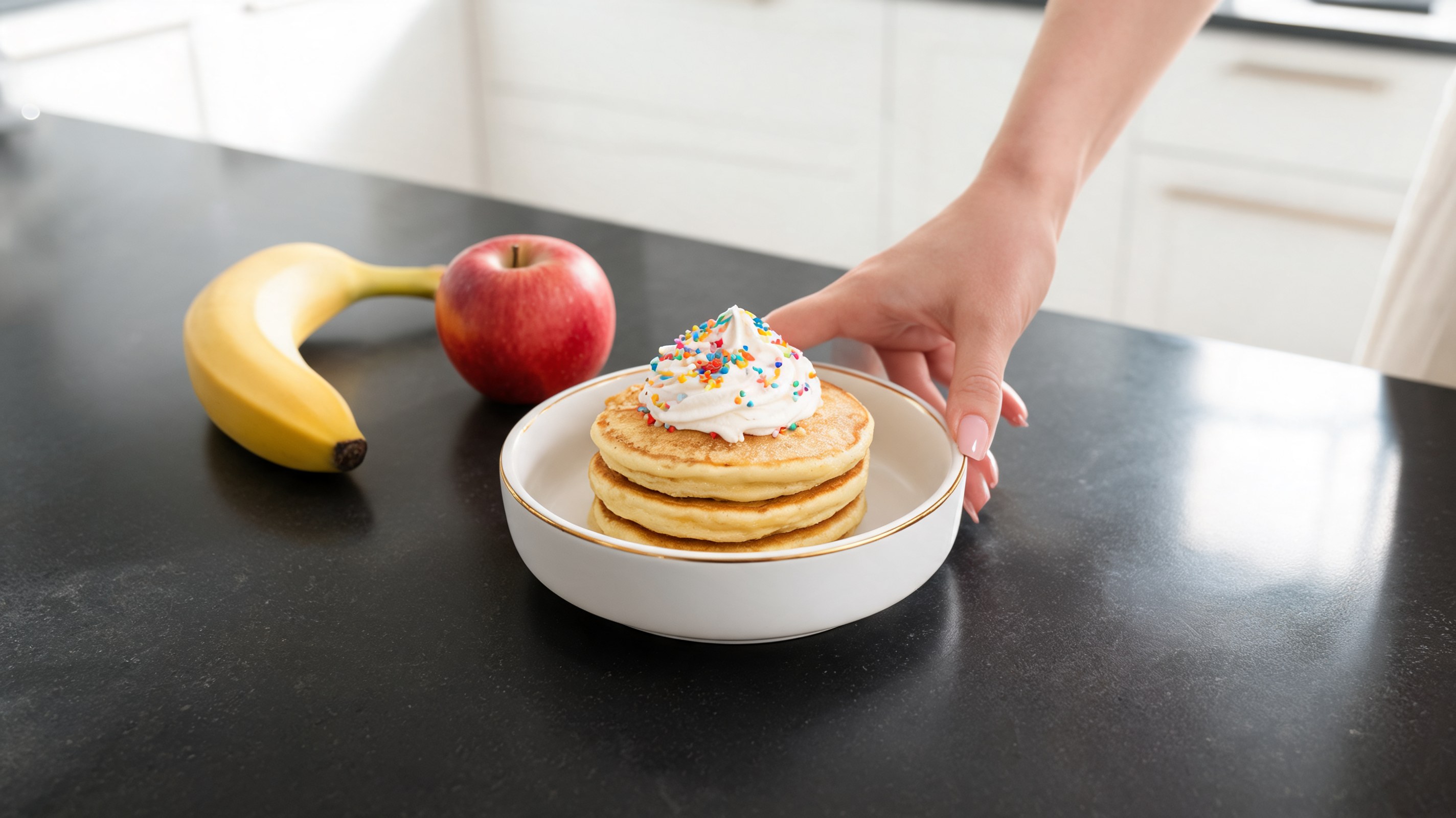 Piccola pila di pancake morbidi con visibili pezzetti di mela e banana e una nuvola di panna montata sopra