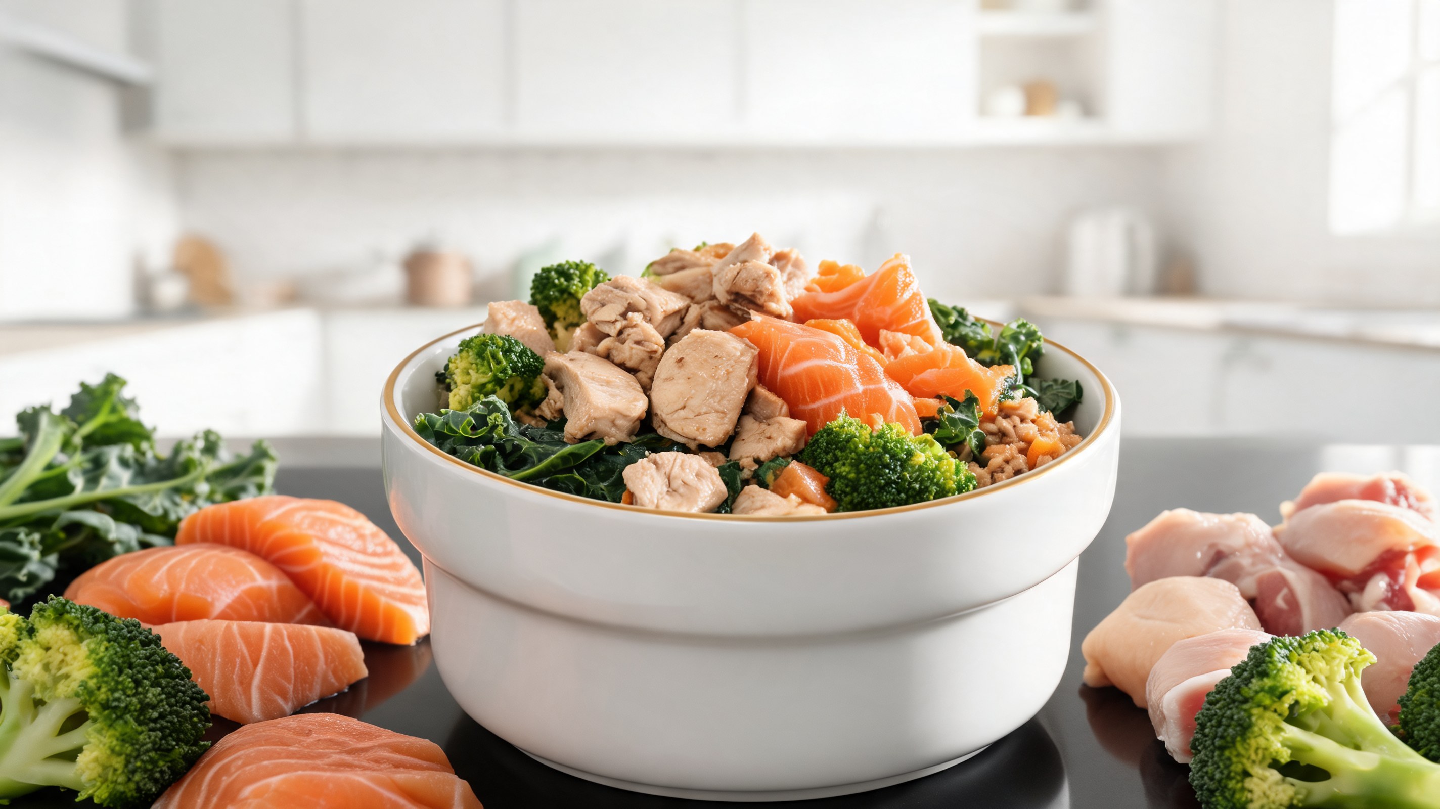 Bol de pâte pour chiens avec morceaux de poulet, saumon, brocolis vapeur et légumes verts