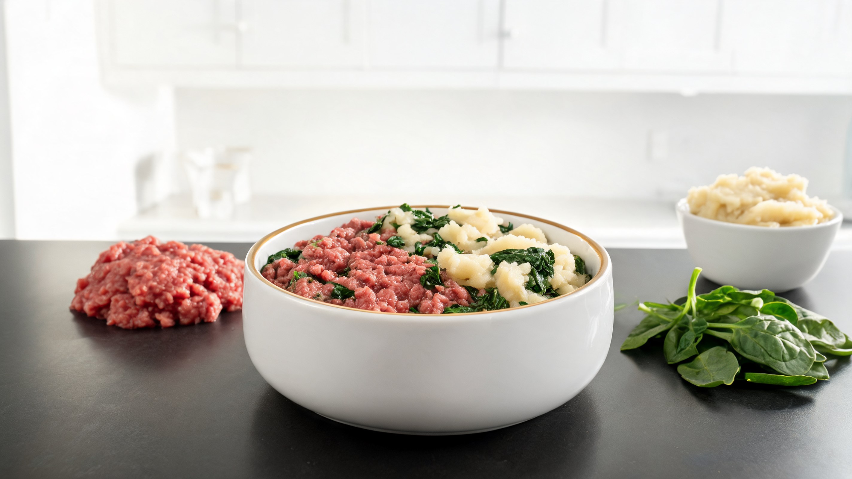 Pappa morbida per cucciolo con manzo macinato, purè di patate e spinaci tritati in piccola ciotola