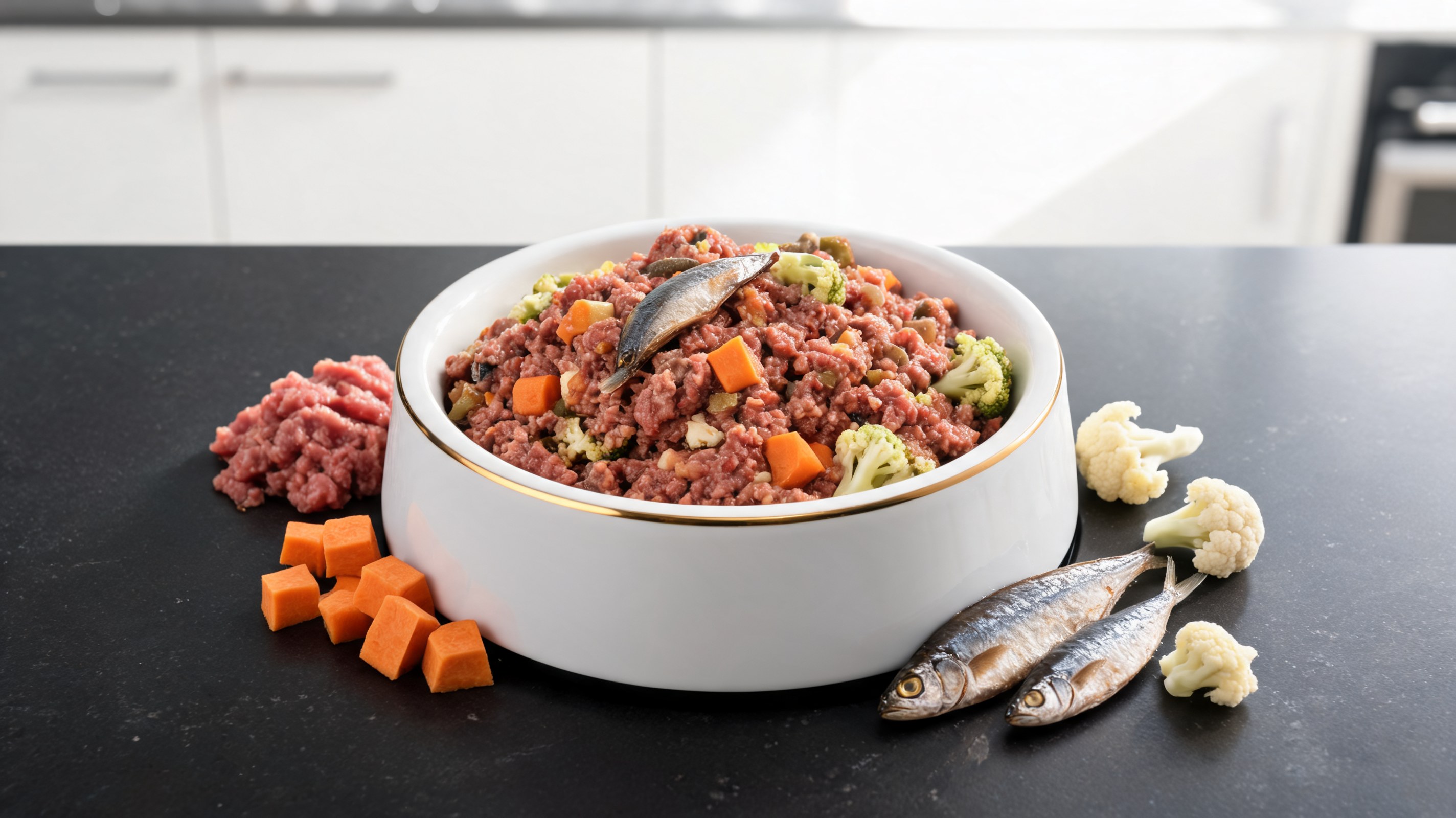 Homemade puppy food with beef, sardines, sweet potato, and cauliflower in a bowl