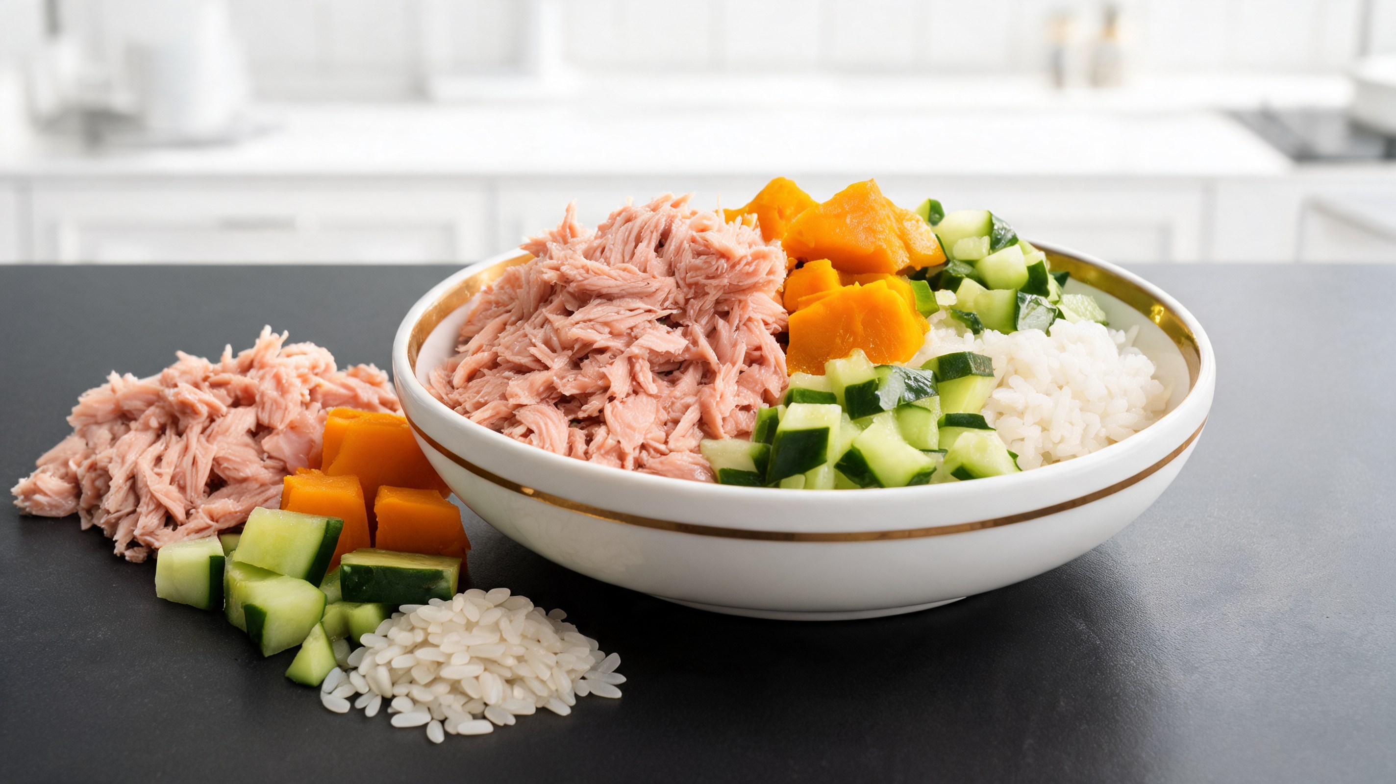 Pappa fresca con tacchino, zucca a cubetti arancione, cetriolo verde e poco riso in ciotola chiara