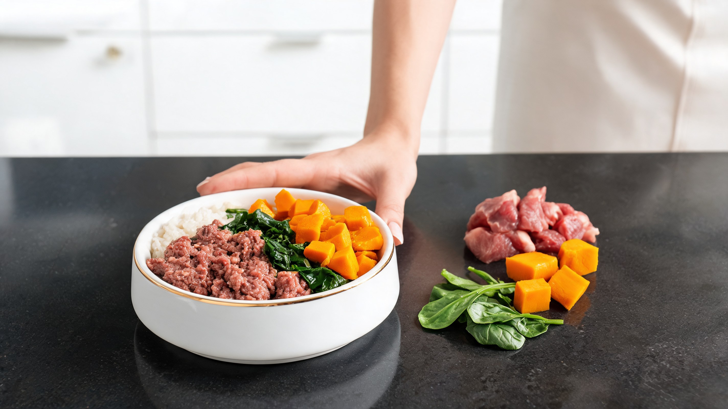 Pappa light con manzo magro, zucca a cubetti arancione, spinaci tritati e riso in ciotola di ceramica