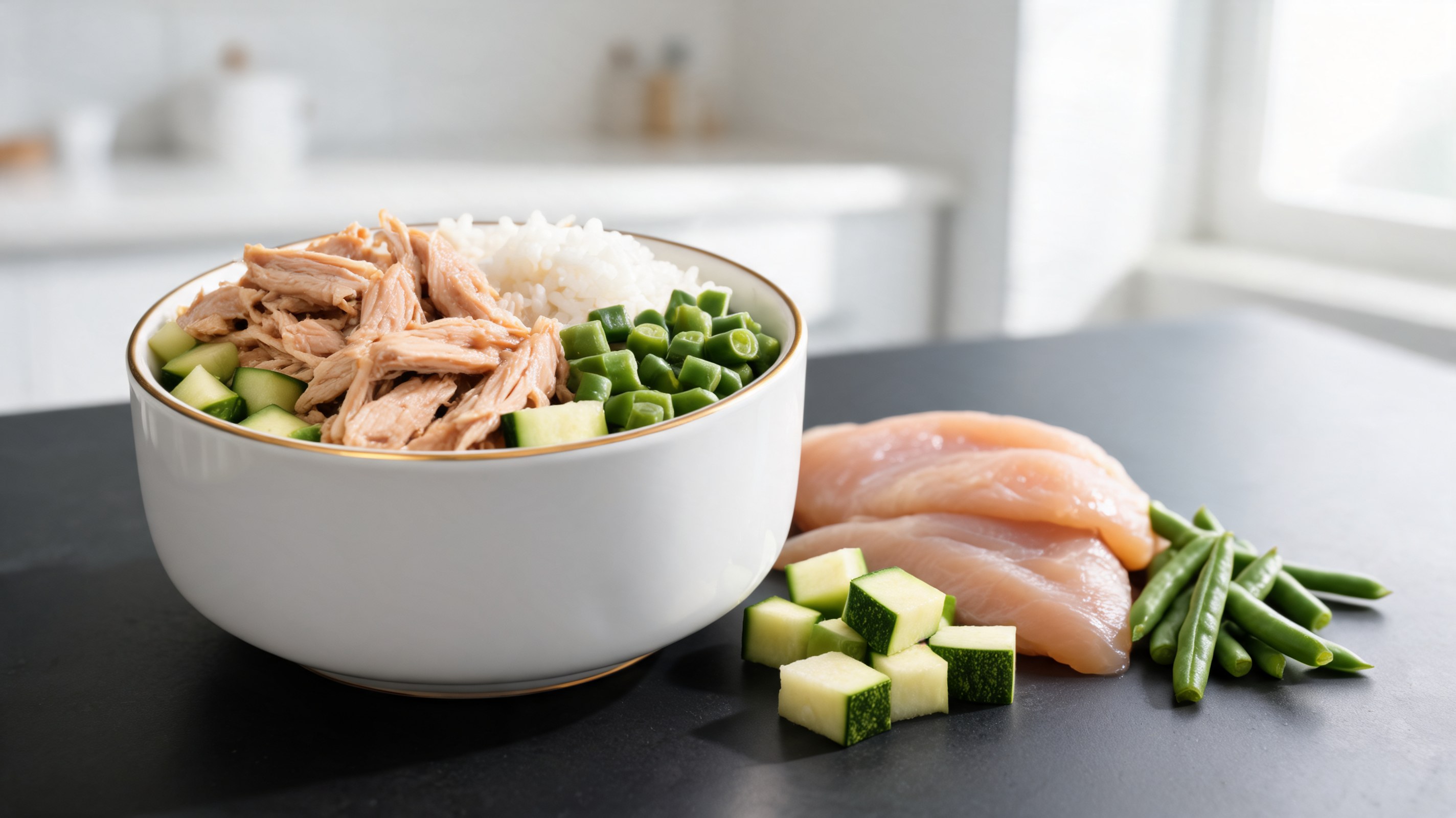 Pappa light con pollo sminuzzato, zucchine, fagiolini e poco riso in ciotola bianca su tavolo chiaro