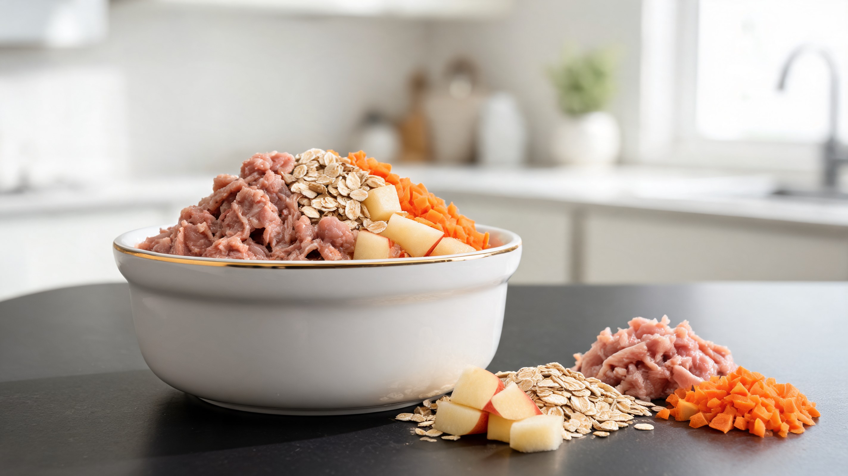 Pappa con maiale magro, fiocchi d'avena cremosi, mela e carote in ciotola di ceramica beige