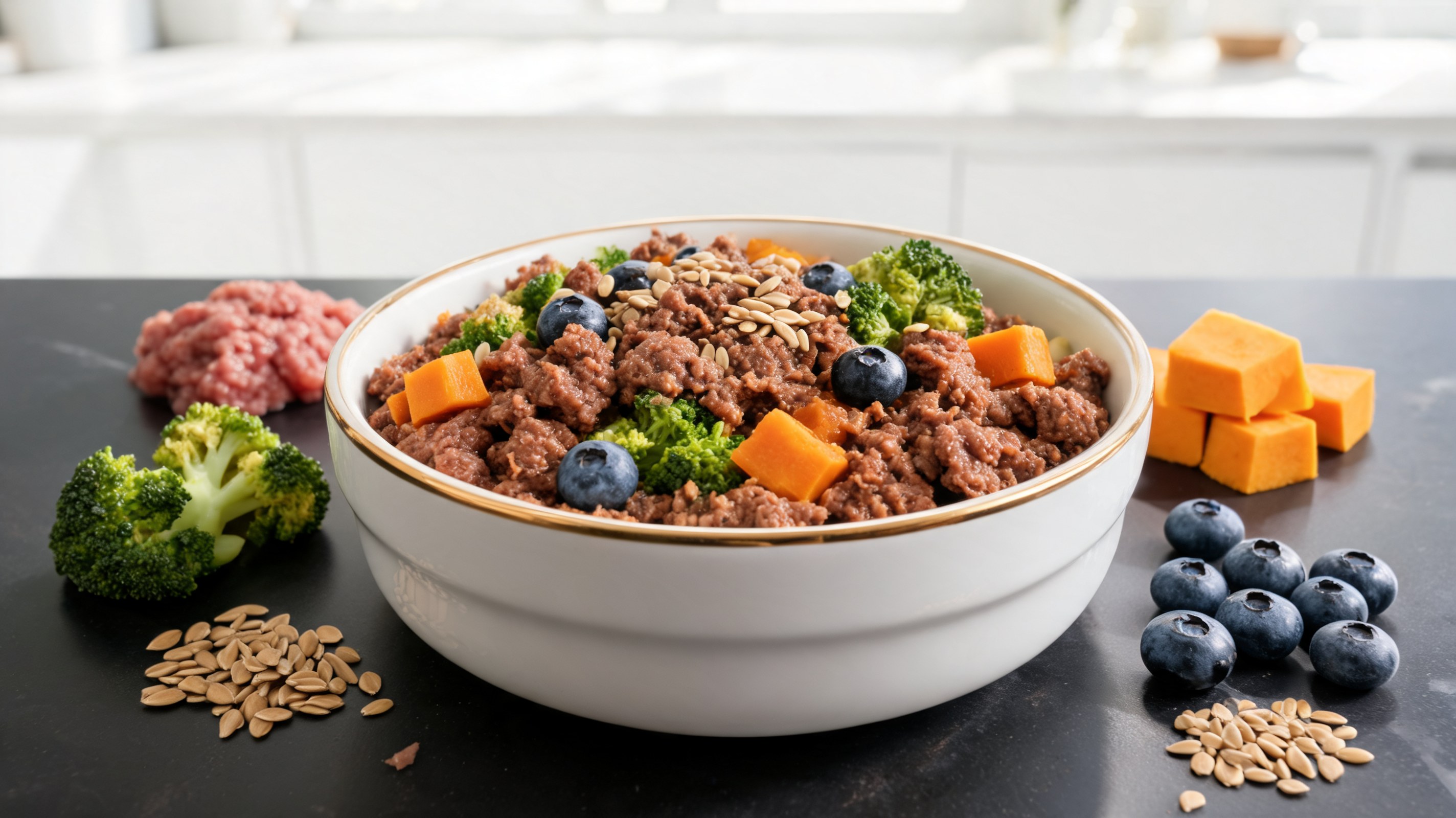Bowl of dog meal with ground beef, broccoli, cubed pumpkin, and fresh blueberries