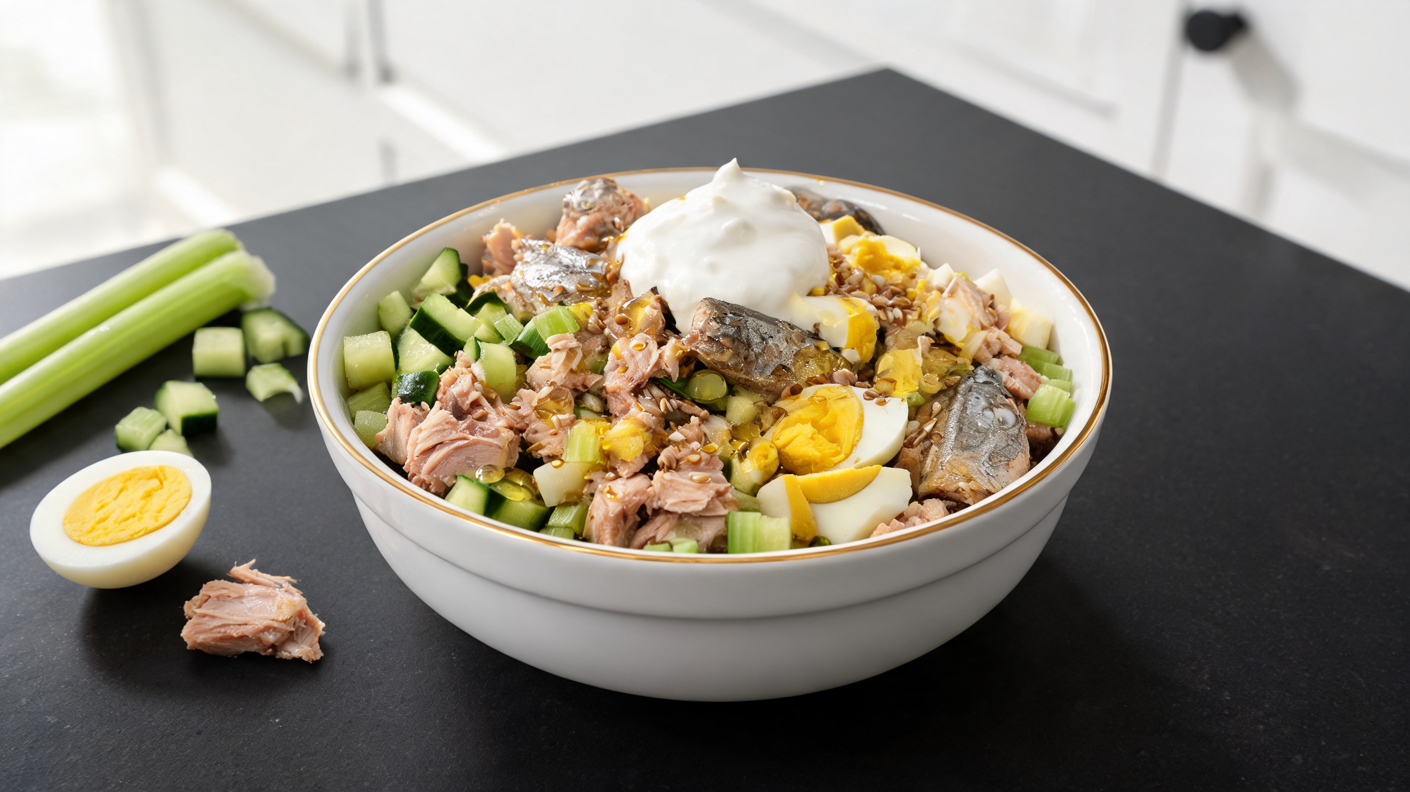 Pappa para perros con atún, sardinas, huevos duros y verduras frescas servida en un tazón de cerámica