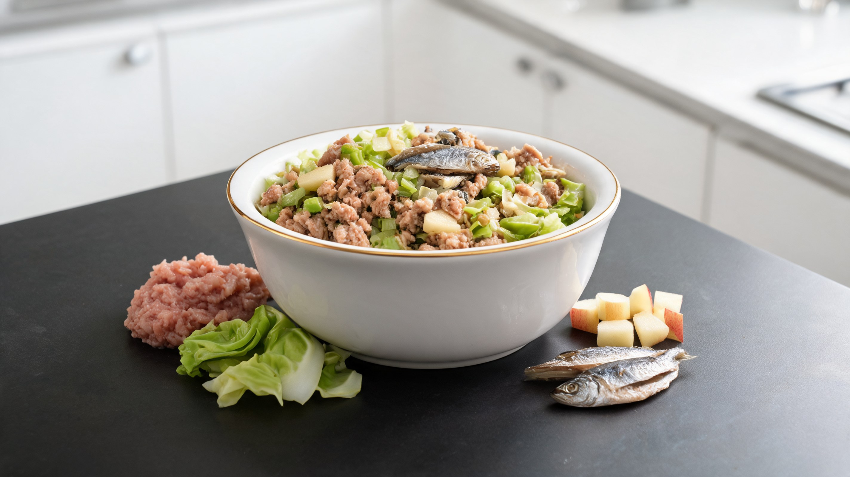 Schüssel mit Hundefutterbrei aus gewolftem Hühnerfleisch, Kohl, Apfel und Sardinen auf einem Holztisch