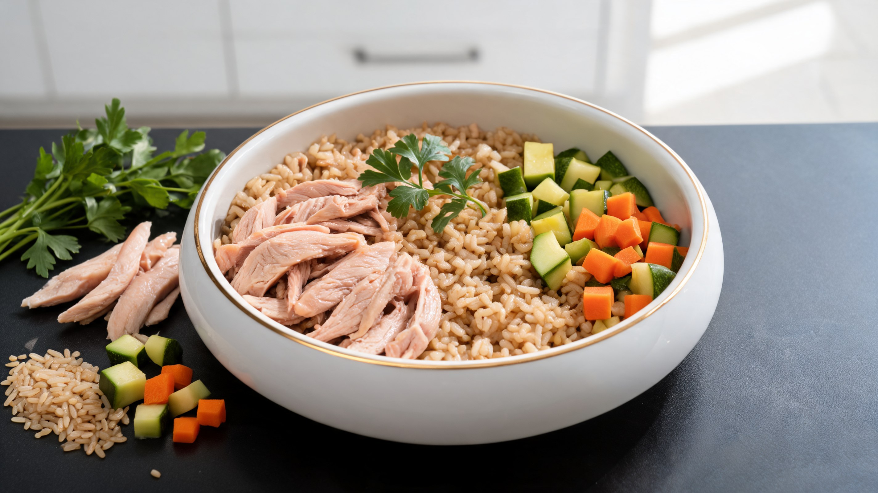 Tigela de cerâmica com papinha de frango, arroz integral, abobrinhas e cenouras em cubos sobre mesa de madeira