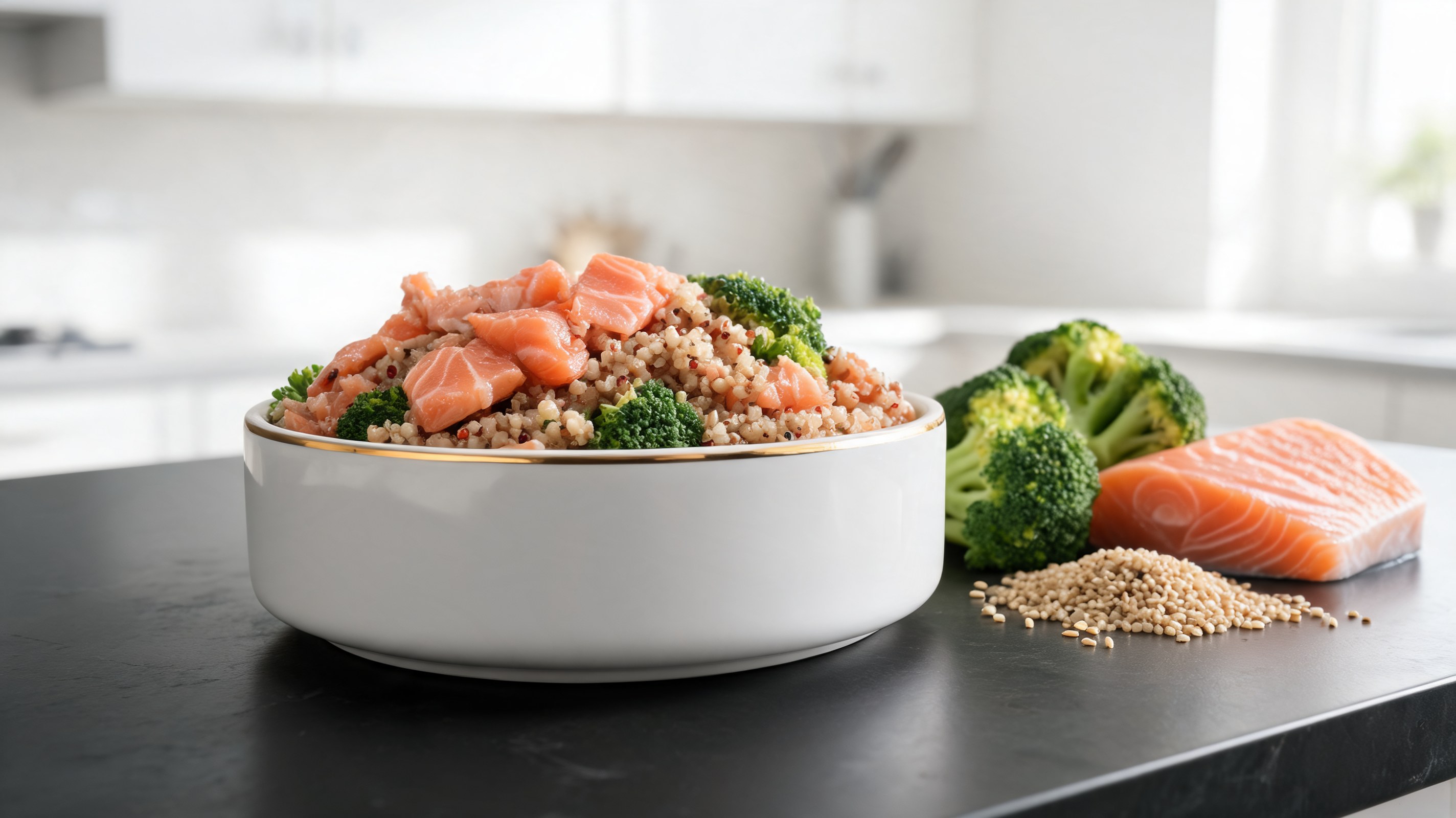 Pappa di salmone rosa sfaldato, quinoa beige e cimette di broccolo verde in ciotola di ceramica scura