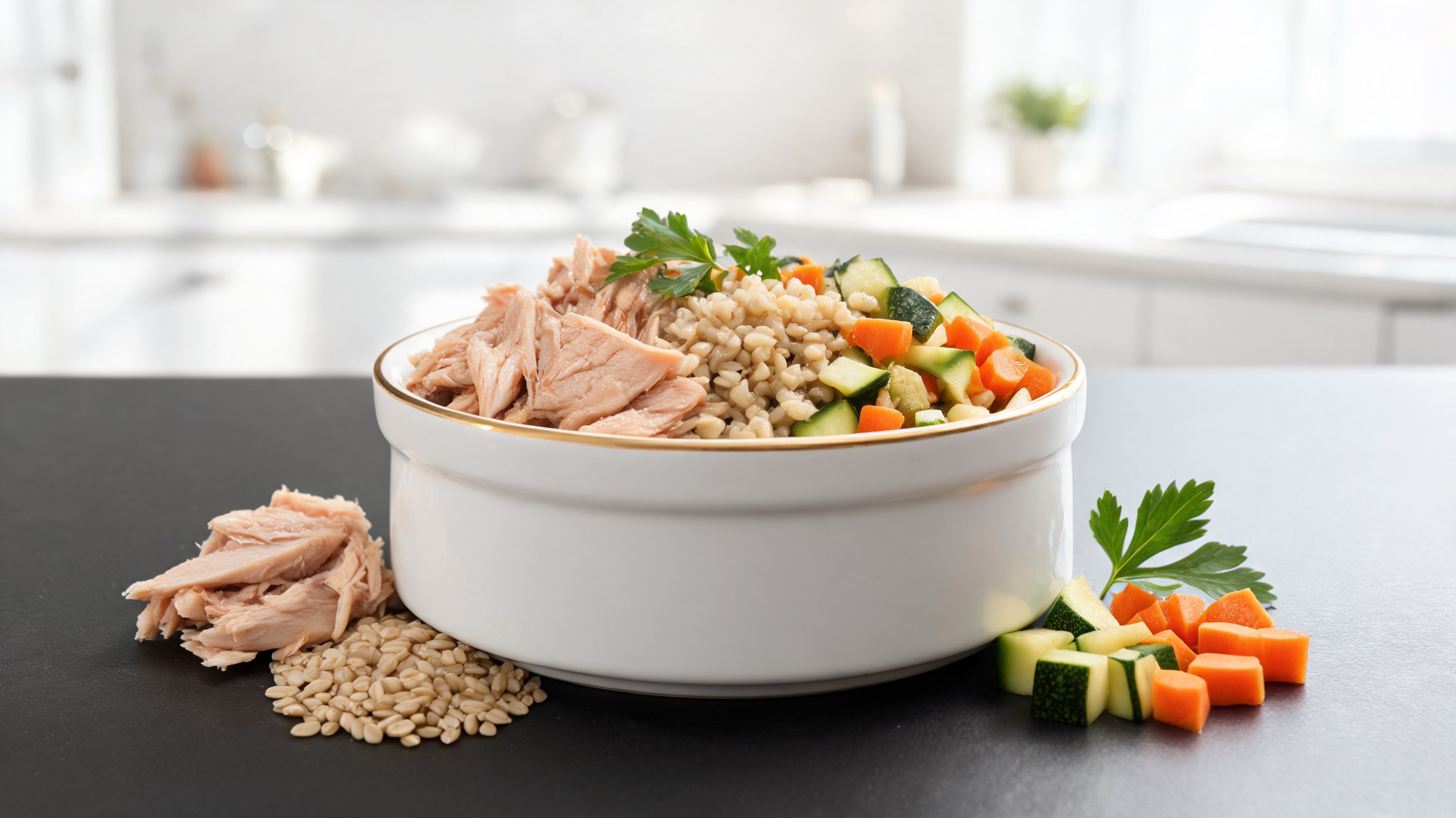 Pappa con pollo sminuzzato, orzo perlato e cubetti di zucchine e carote in ciotola di ceramica neutra