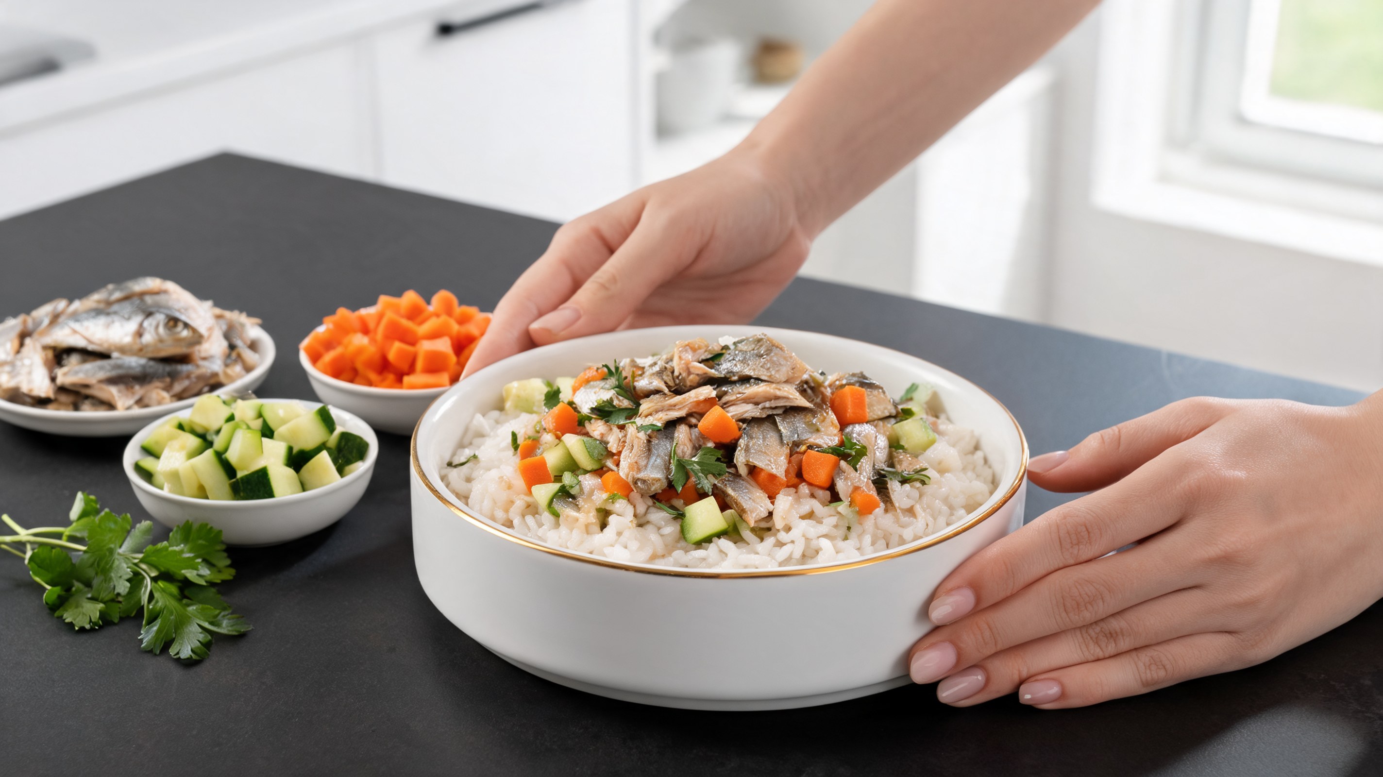 Brei mit zerkleinerten Sardinen, weißem Reis, Karotten und Zucchini in einer grauen Keramikschüssel