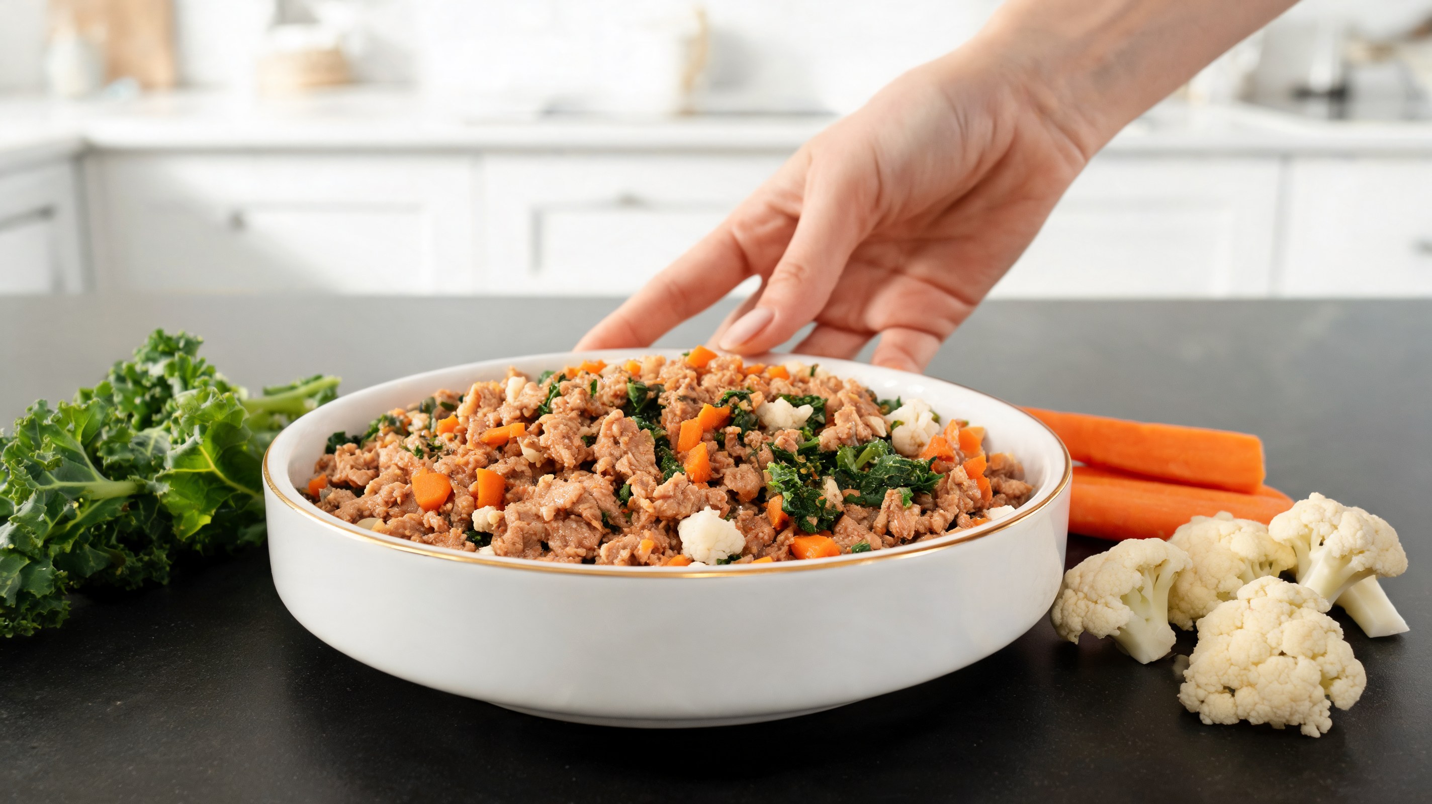 Schüssel mit Pasta für Hunde mit Pute, gehacktem Blumenkohl, Schwarzkohl und gewürfelten Karotten
