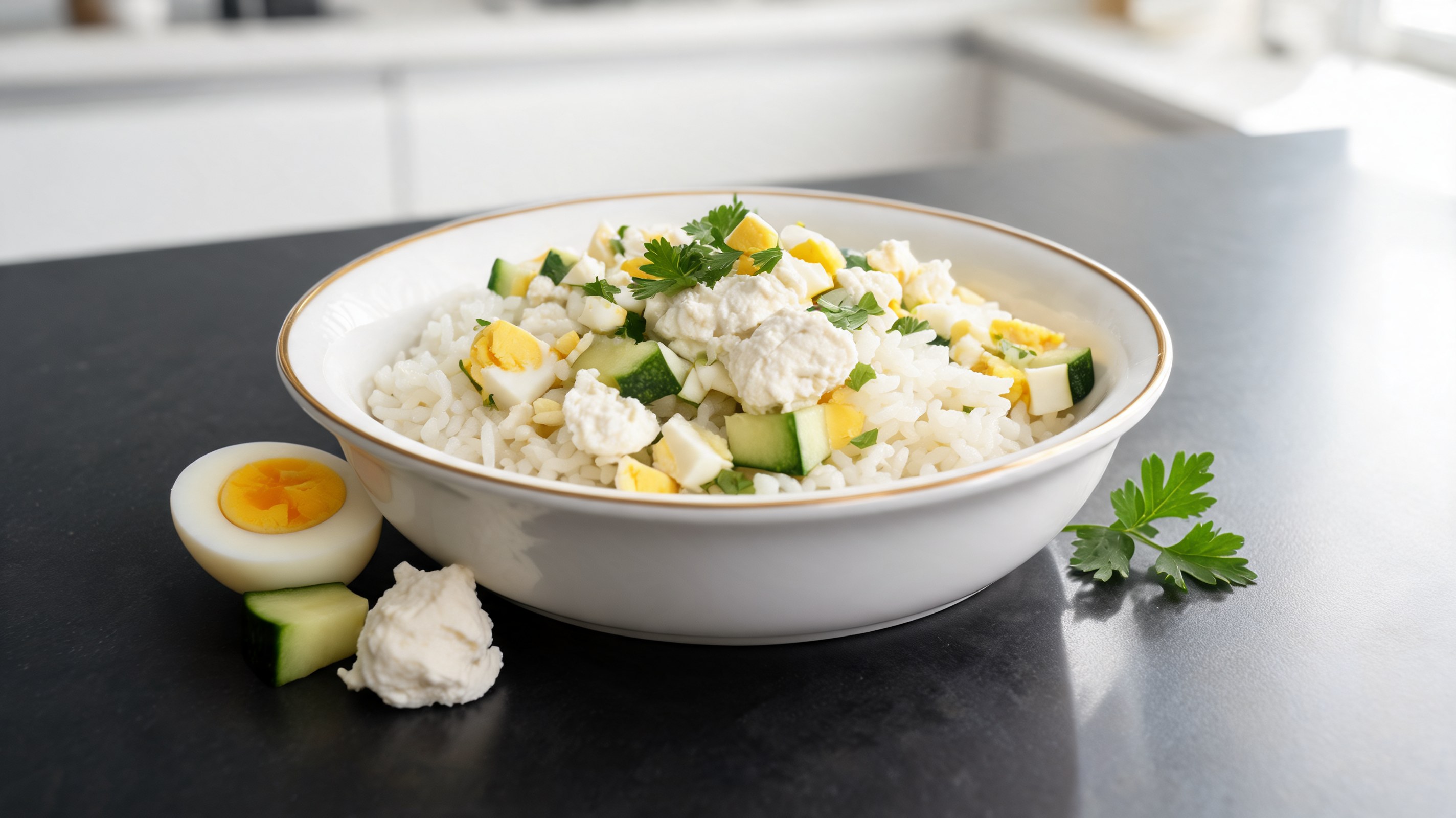 Papinha com ovos cozidos em cubos, ricota branca, abobrinha verde e arroz em tigela de cerâmica clara