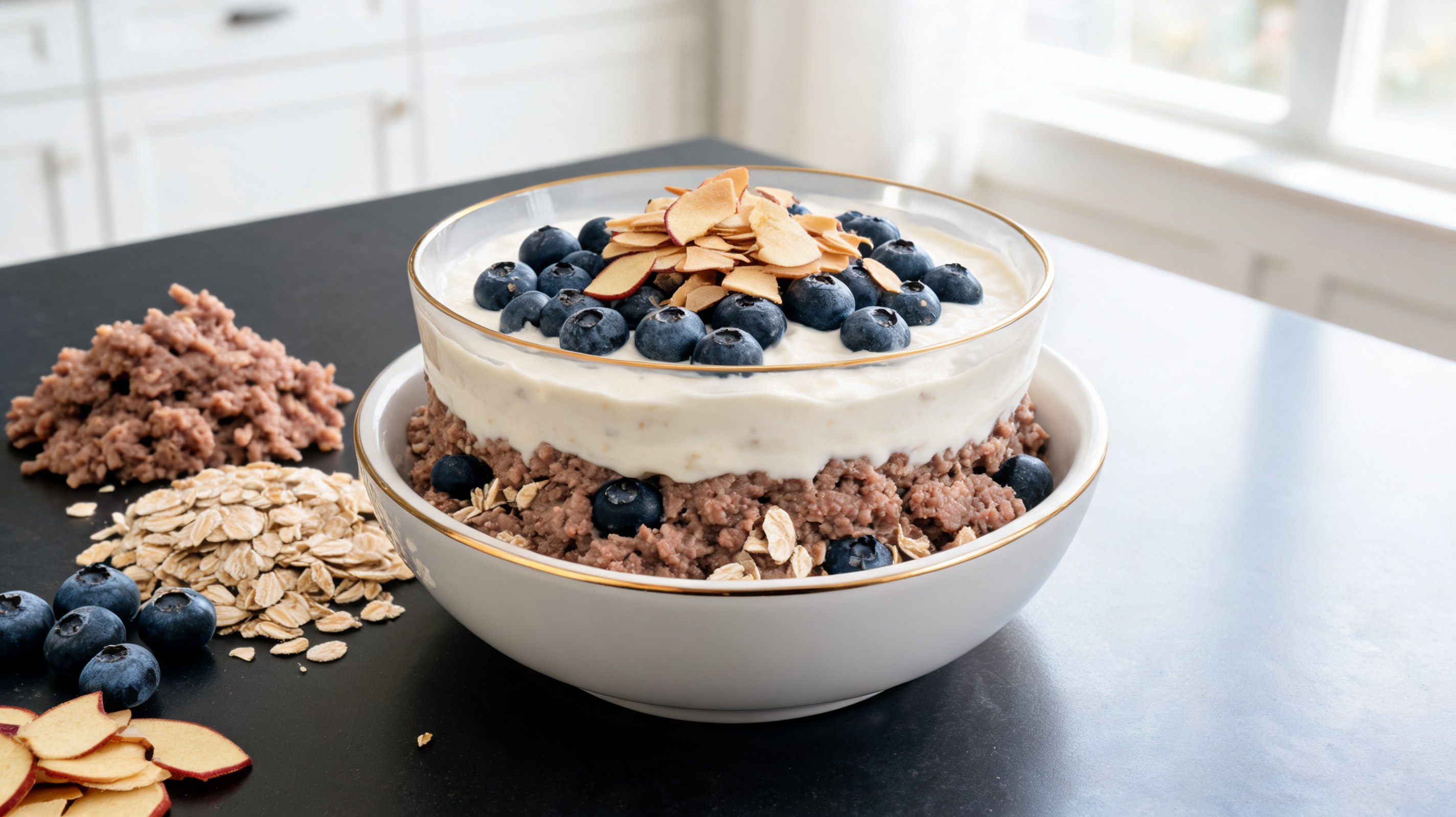 Parfait für Hunde in einer Schüssel mit Schichten aus Lamm, Hafer, Joghurt und frischen roten Früchten