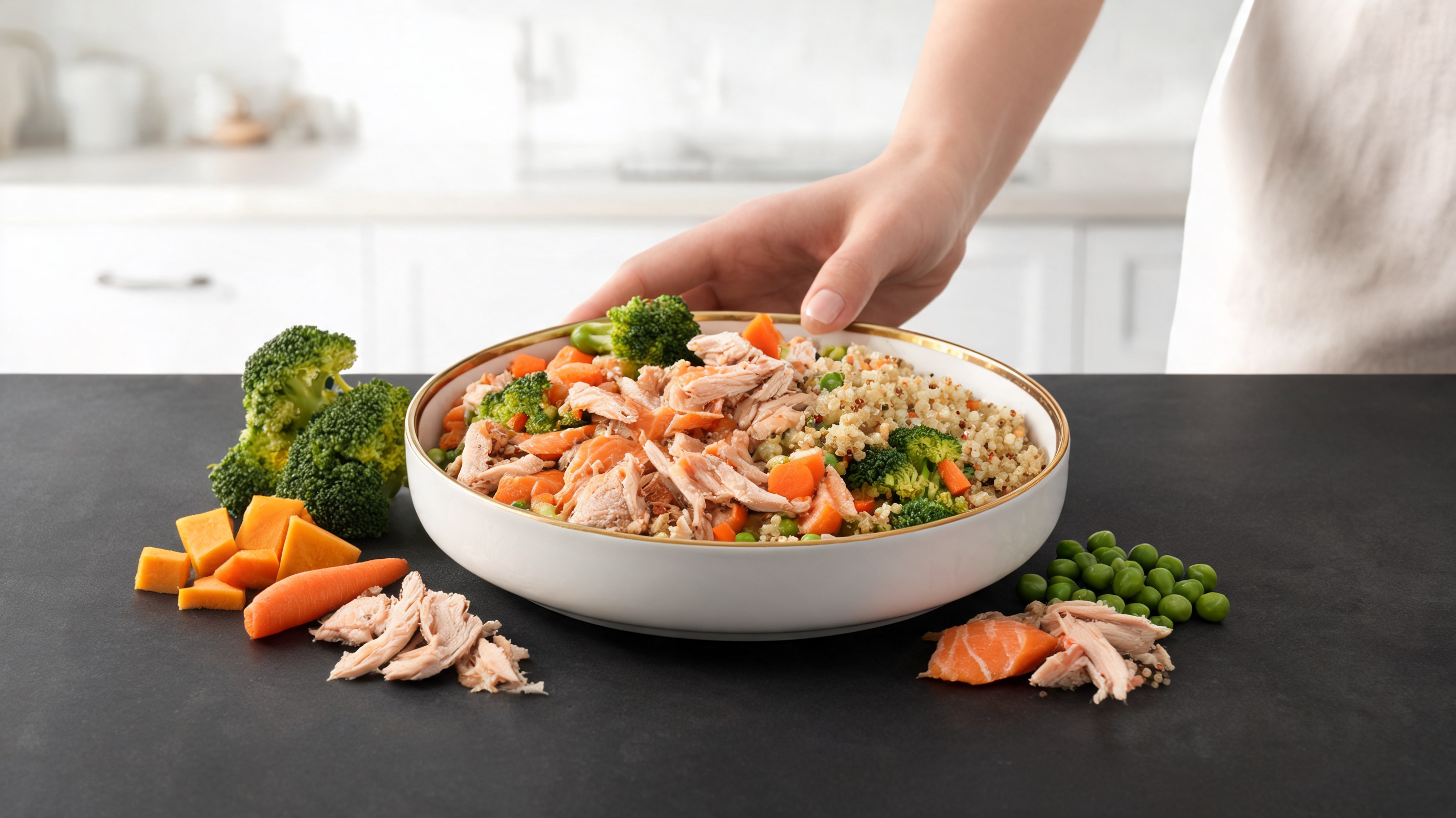 Bol de nourriture pour chiens maison avec poulet émietté, saumon, quinoa et légumes